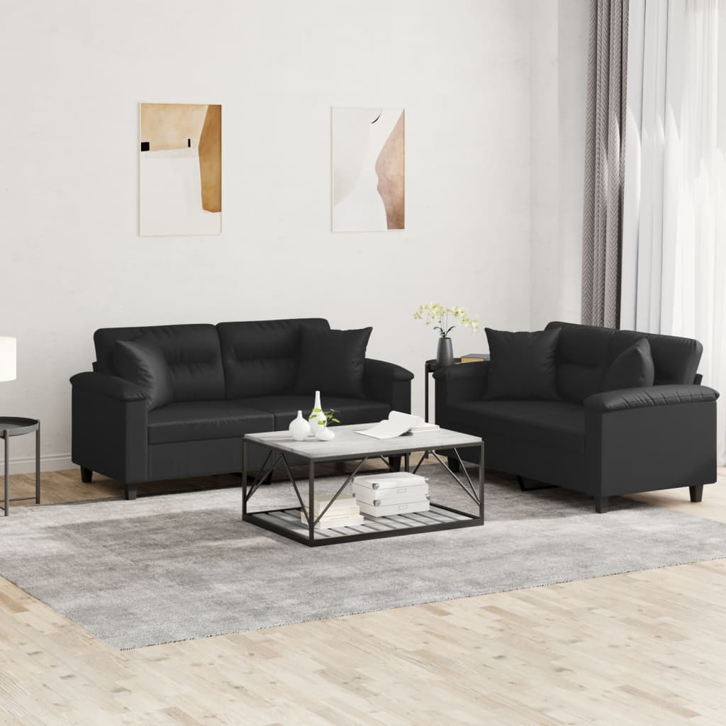 2-tlg. Sofagarnitur mit Kissen Schwarz Kunstleder 2-tlg. Sofagarnitur mit Kissen Schwarz Kunstleder