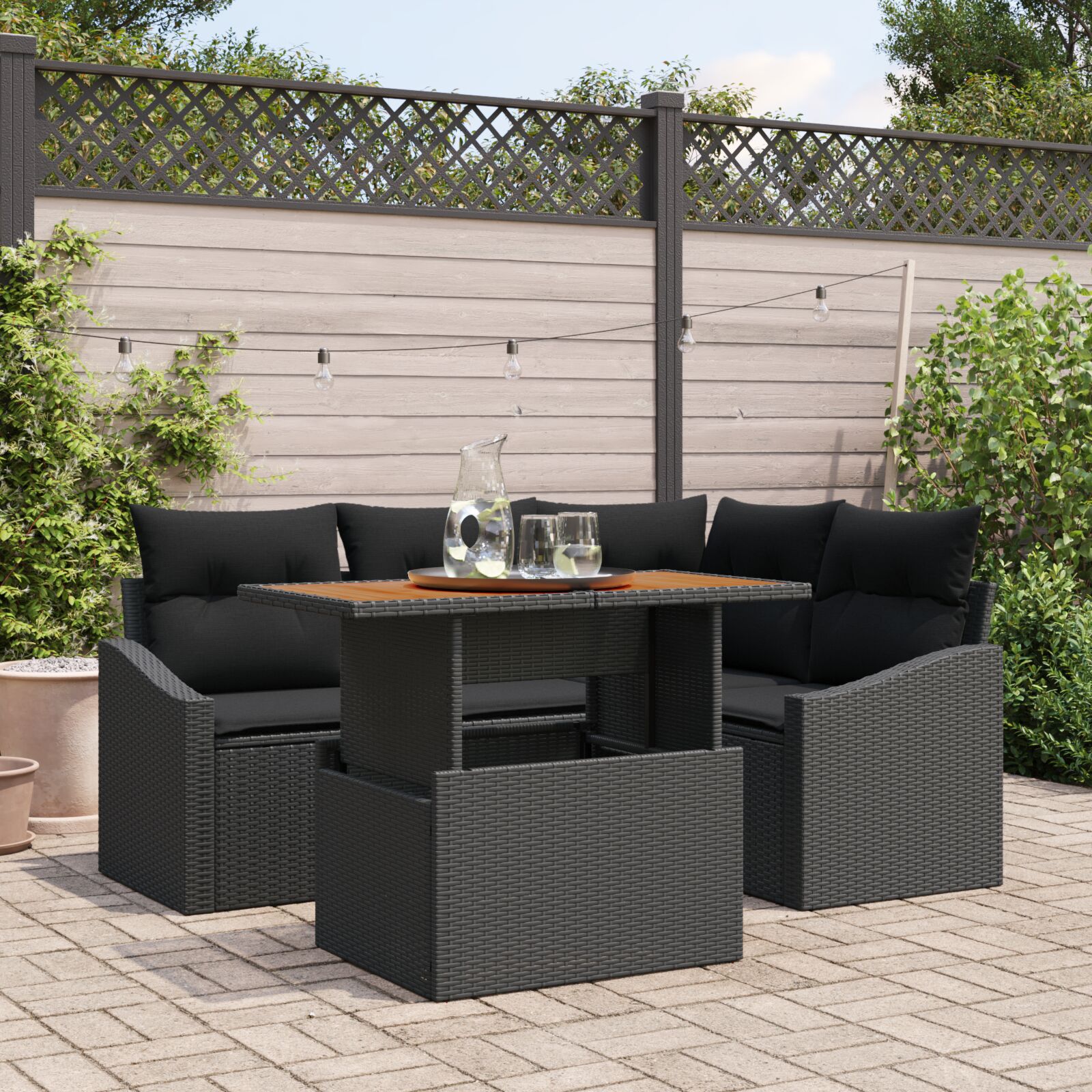 5-teiliges Garten Essset mit Kissen Schwarz Poly-Rattan Akazie 5-teiliges Garten Essset mit Kissen Schwarz Poly-Rattan Akazie