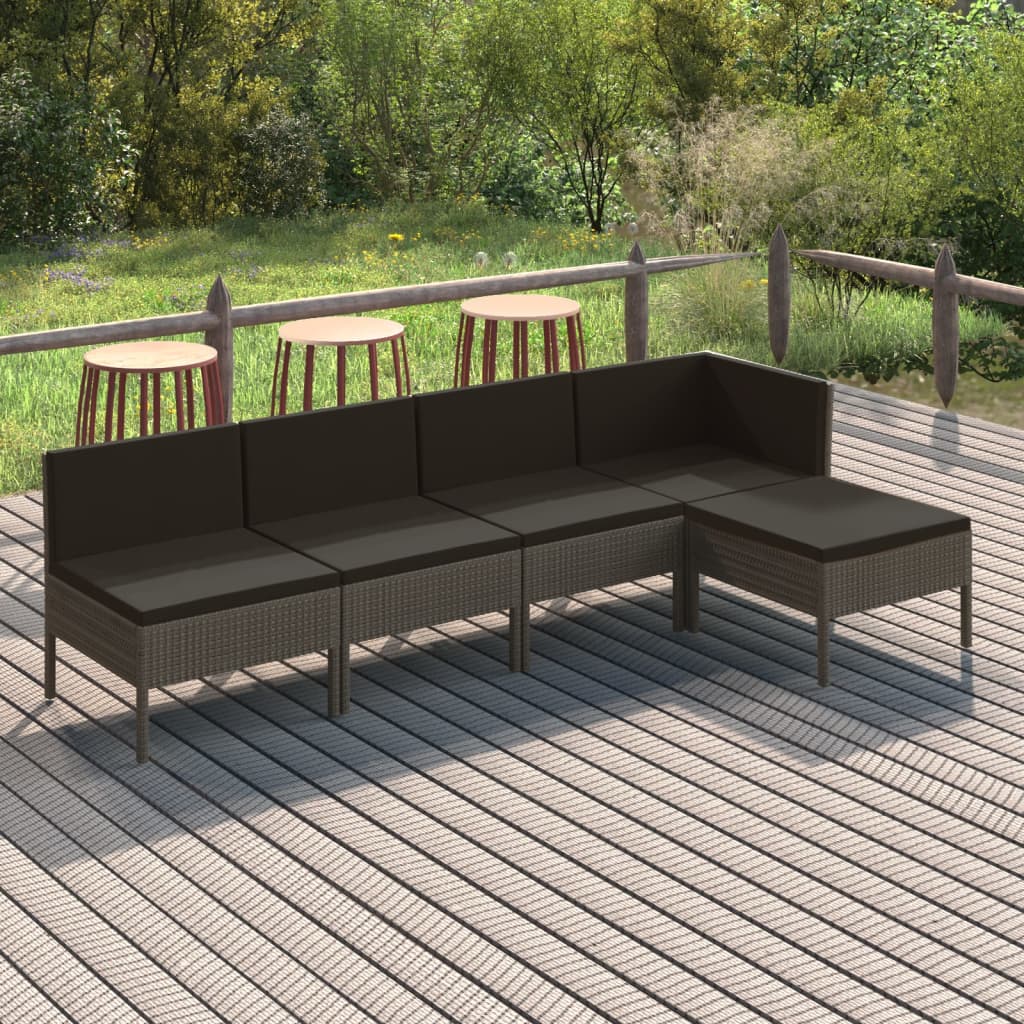 5-tlg. Garten-Lounge-Set mit Auflagen Poly Rattan Grau 5-tlg. Garten-Lounge-Set mit Auflagen Poly Rattan Grau