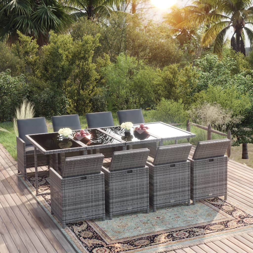 9-tlg. Garten-Essgruppe mit Kissen Poly Rattan Grau 9-tlg. Garten-Essgruppe mit Kissen Poly Rattan Grau