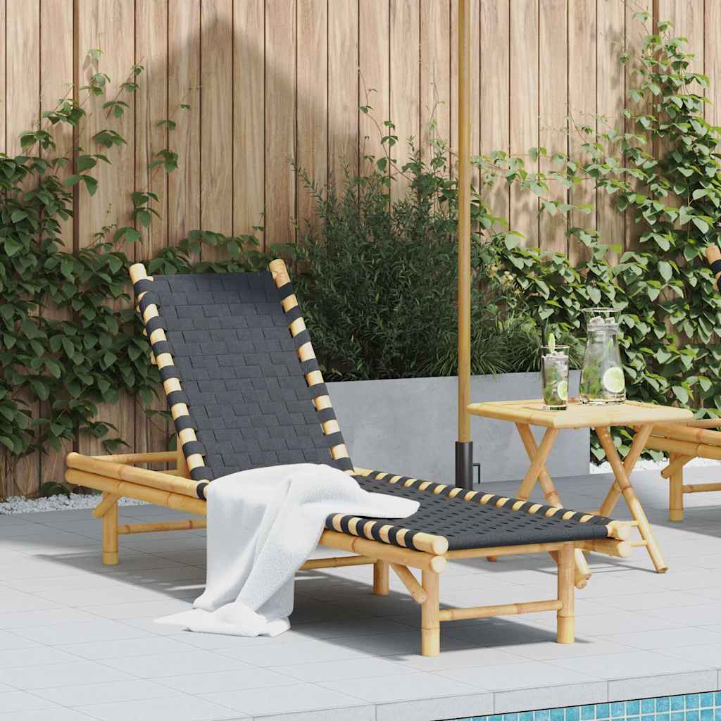Sonnenliege mit schwarzem gewebtem Gurtband 55x200x30 cm Bambus Sonnenliege mit schwarzem gewebtem Gurtband 55x200x30 cm Bambus