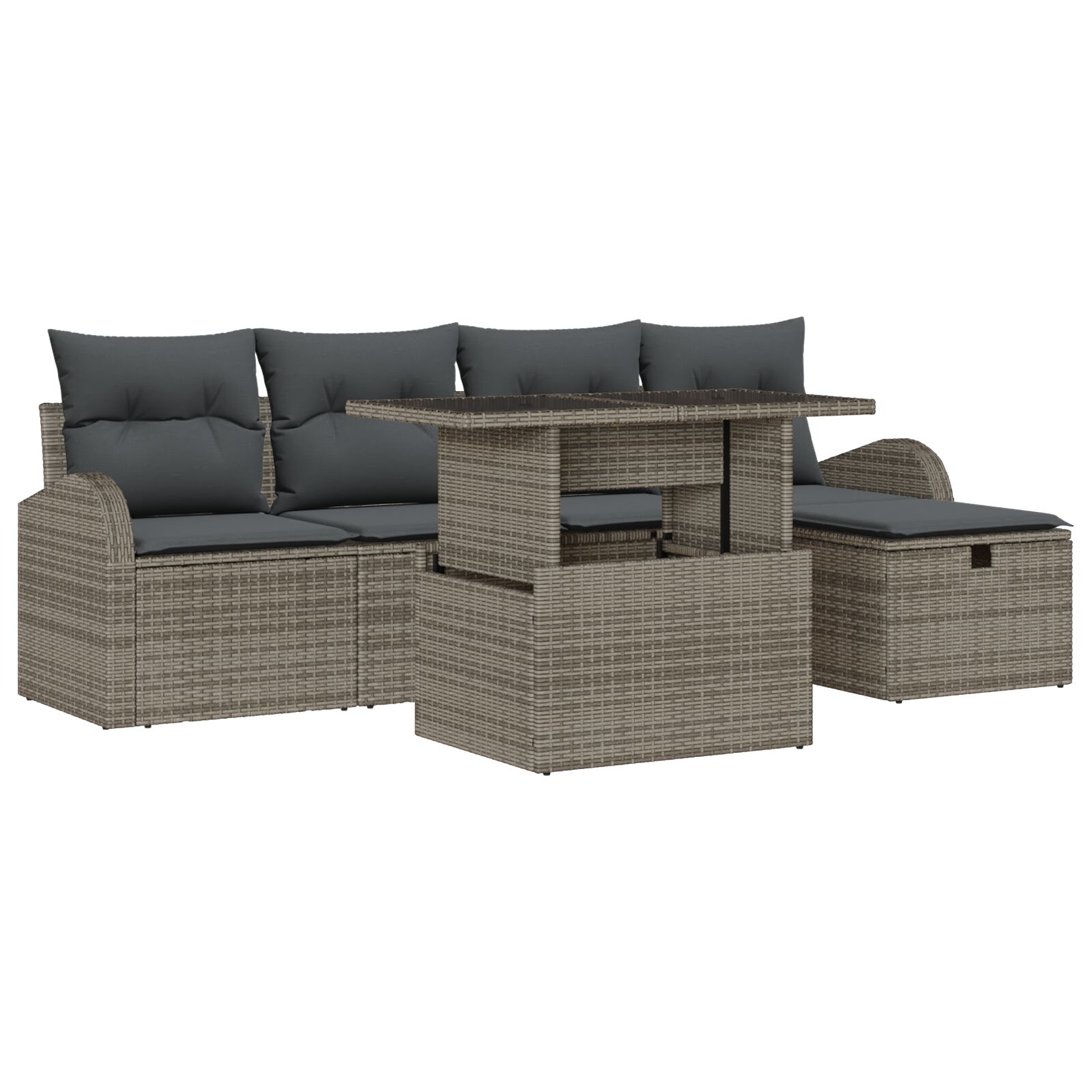 6-teiliges Garten-Sofa-Set mit Kissen Grau Poly-Rattan, 2-Sitzer Garten-Sofa mit Stauraum & Kissen Grau Poly-Rattan