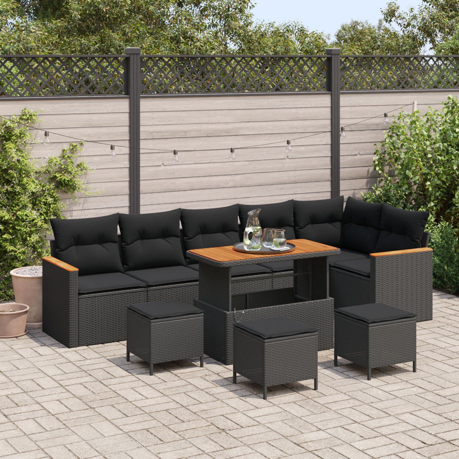 10-teiliges Garten-Sofa-Set mit Kissen Schwarz Poly-Rattan Akazie