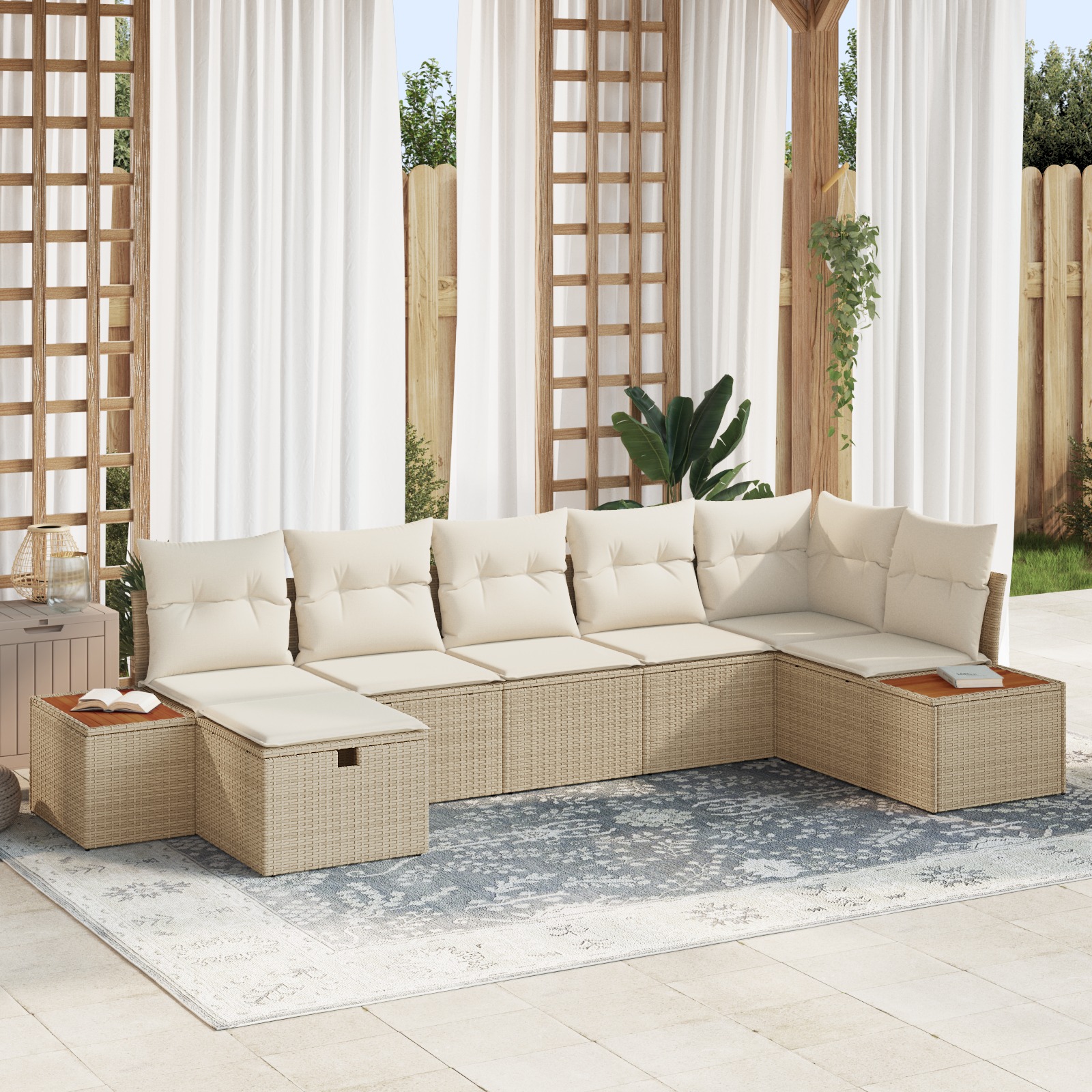 7-teiliges Garten Sofa Set mit Kissen Beige Poly Rattan 7-teiliges Garten Sofa Set mit Kissen Beige Poly Rattan