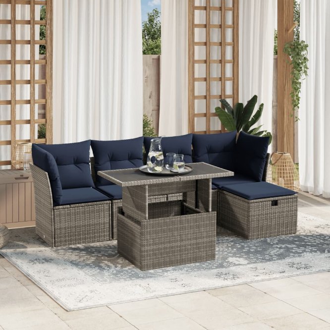 6-teiliges Gartensofa-Set mit Kissen, grau, Polyrattan