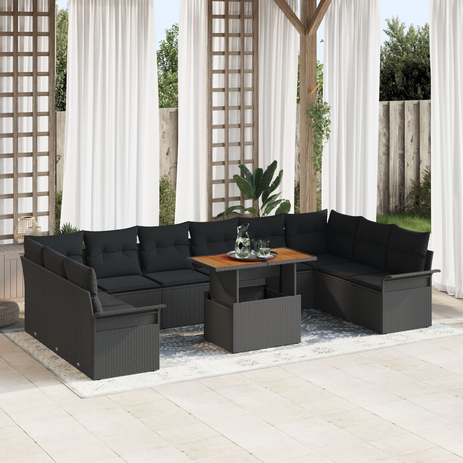 11-teiliges Garten Essset mit Kissen in Schwarz Poly Rattan Akazienholz