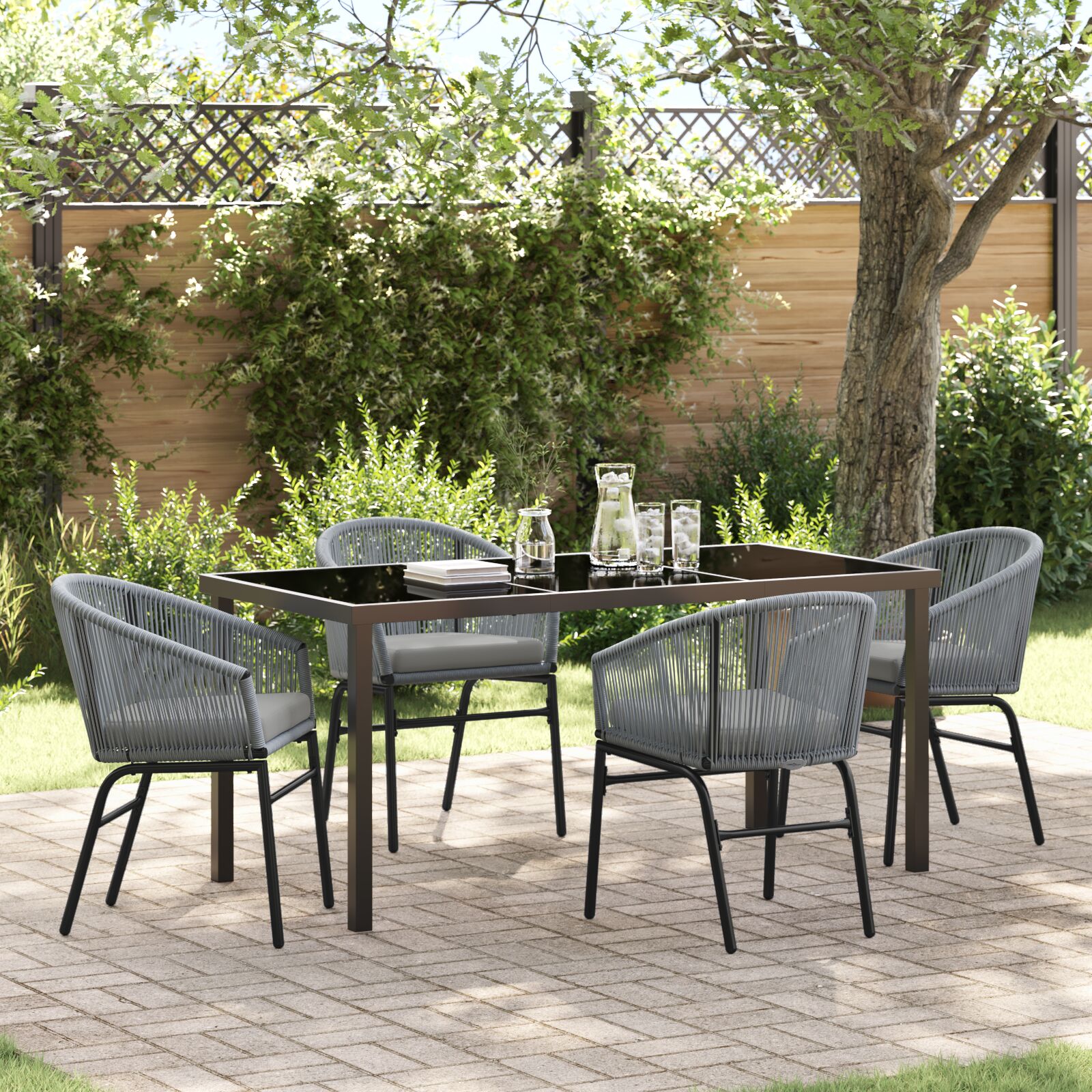 5-teiliges Garten-Esszimmer-Set Grau Poly Rattan