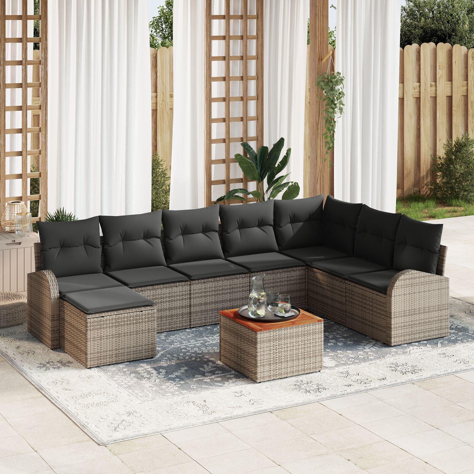 9-teiliges Garten Sofa Set mit Kissen Grau Poly Rattan Akazie 9-teiliges Garten Sofa Set mit Kissen Grau Poly Rattan Akazie
