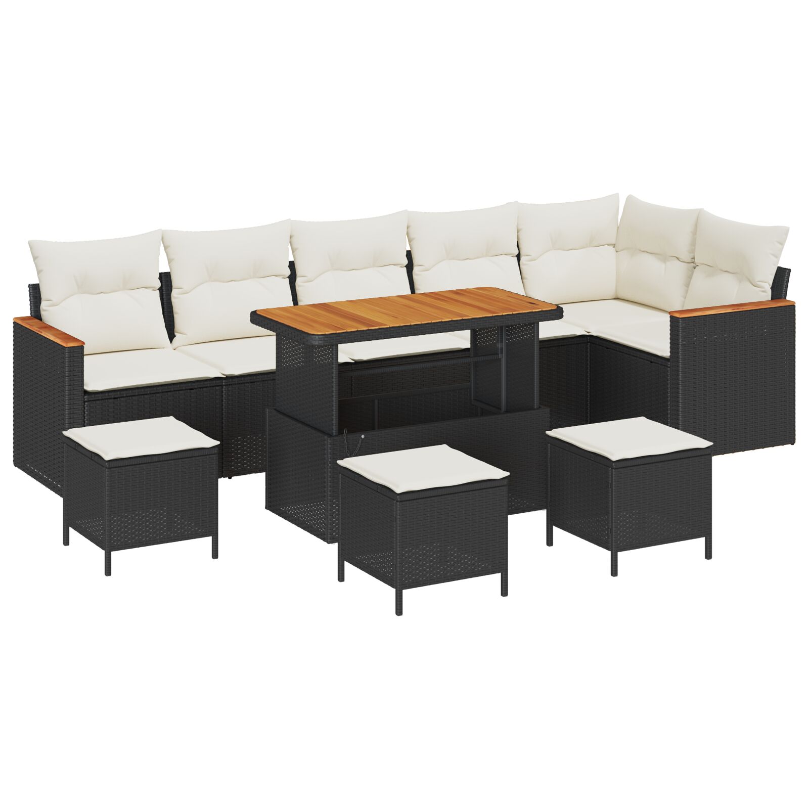 10-teiliges Garten Sofaset mit Kissen Schwarzes Poly-Rattan Akazie, 4-teiliges Garten Essset mit Kissen Schwarzes Poly-Rattan Akazie