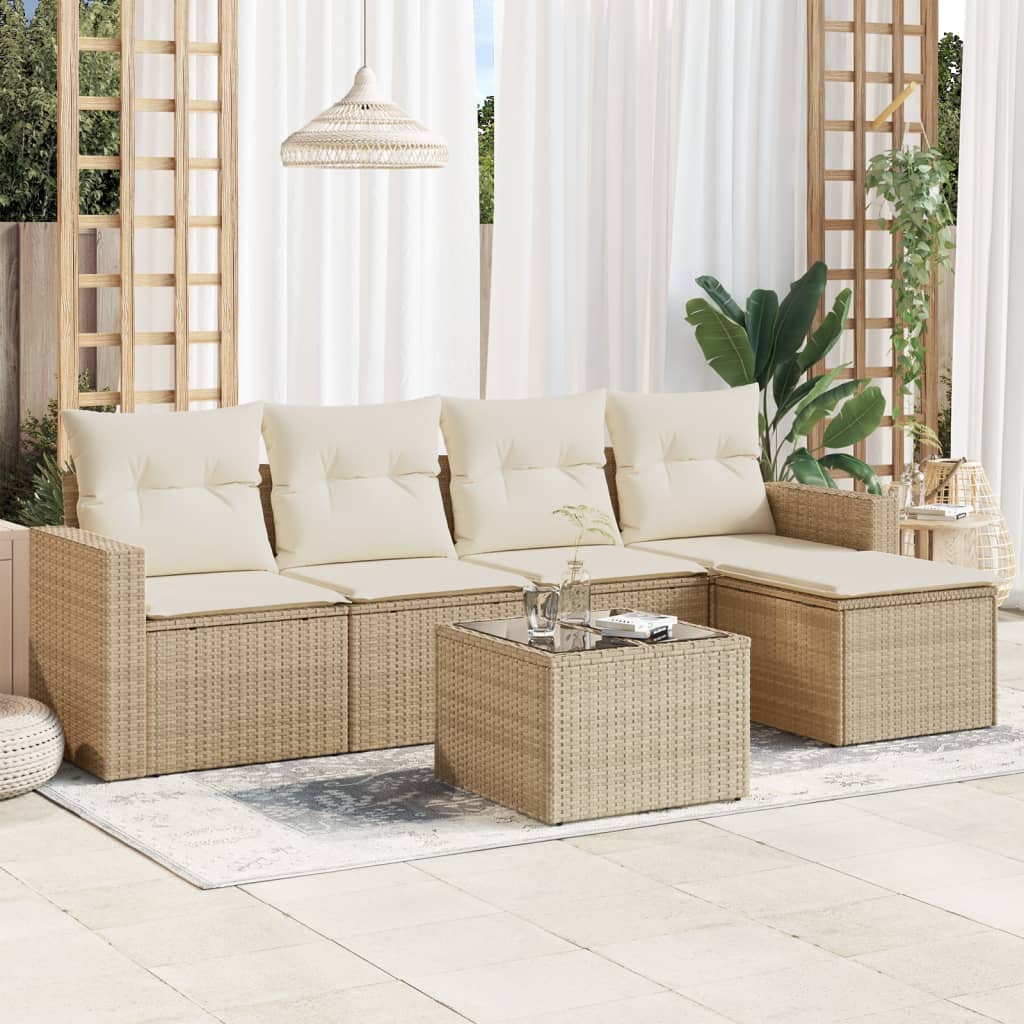 6-tlg. Garten-Sofagarnitur mit Kissen Beige Poly Rattan 6-tlg. Garten-Sofagarnitur mit Kissen Beige Poly Rattan