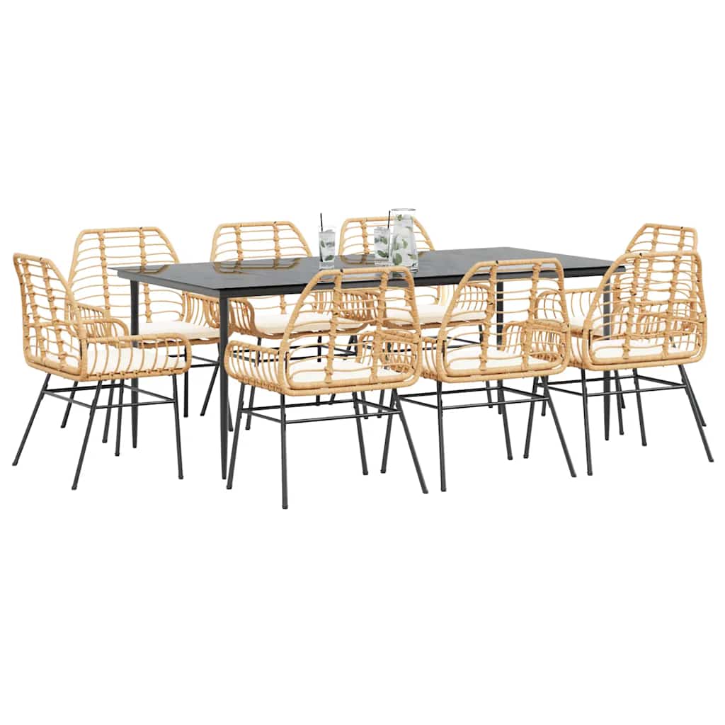 vidaXL 9-tlg. Garten-Essgruppe mit Kissen Braun Poly Rattan Glas