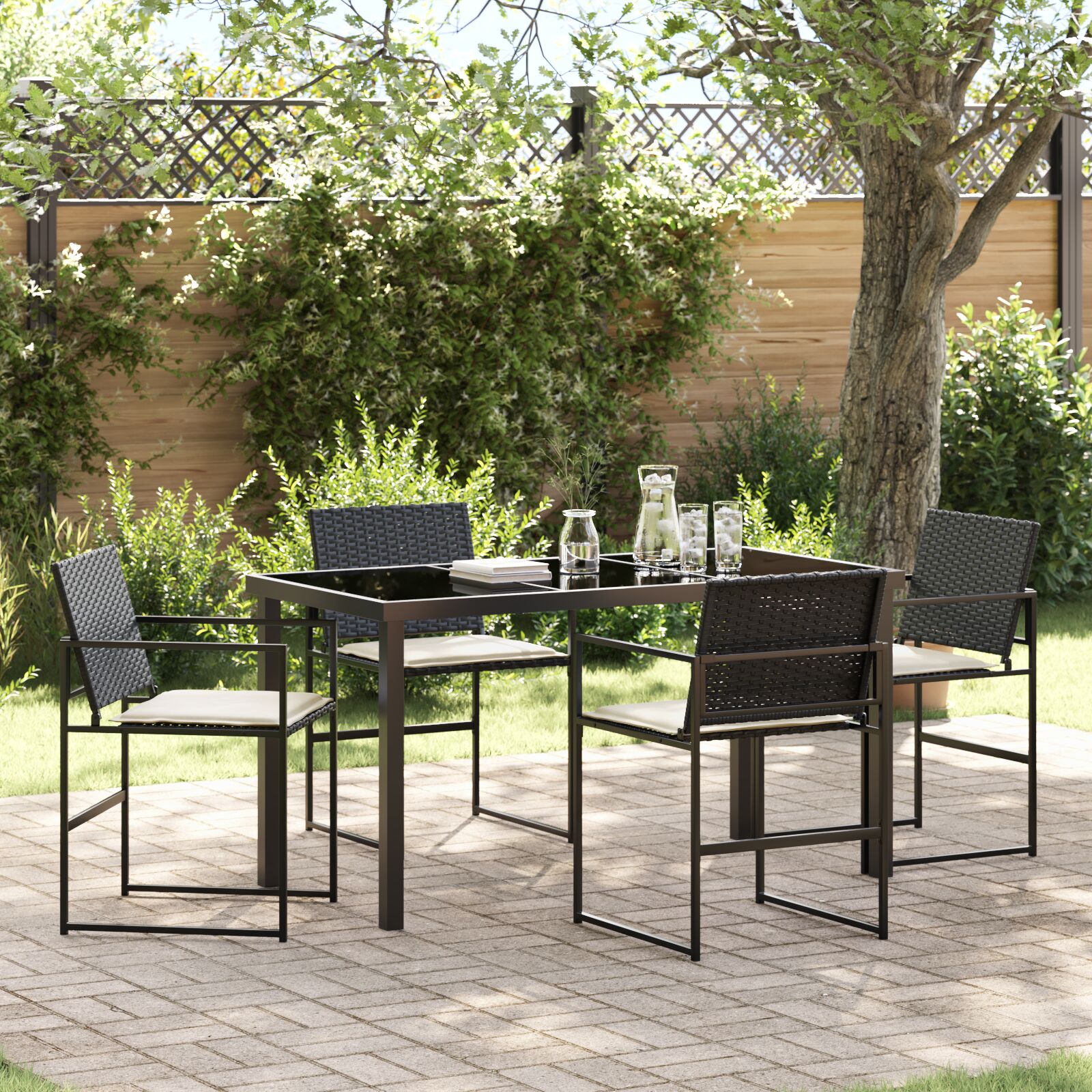 5-teiliges Garten-Ess-Set mit Kissen Schwarz Poly-Rattan 5-teiliges Garten-Ess-Set mit Kissen Schwarz Poly-Rattan