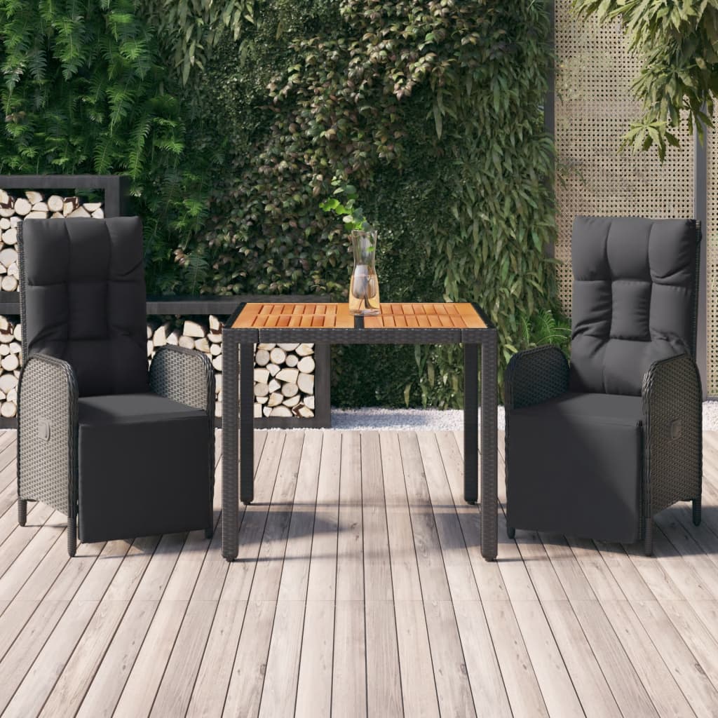 3-tlg. Garten-Essgruppe mit Kissen Schwarz Poly Rattan 3-tlg. Garten-Essgruppe mit Kissen Schwarz Poly Rattan