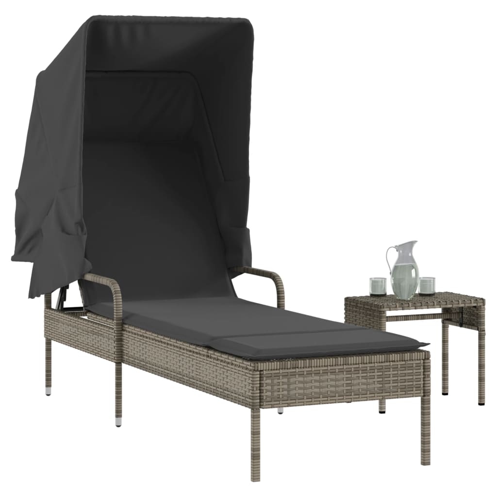 Sonnenliege mit Dach und Tisch Grau Poly Rattan Sonnenliege mit Dach und Tisch Grau Poly Rattan