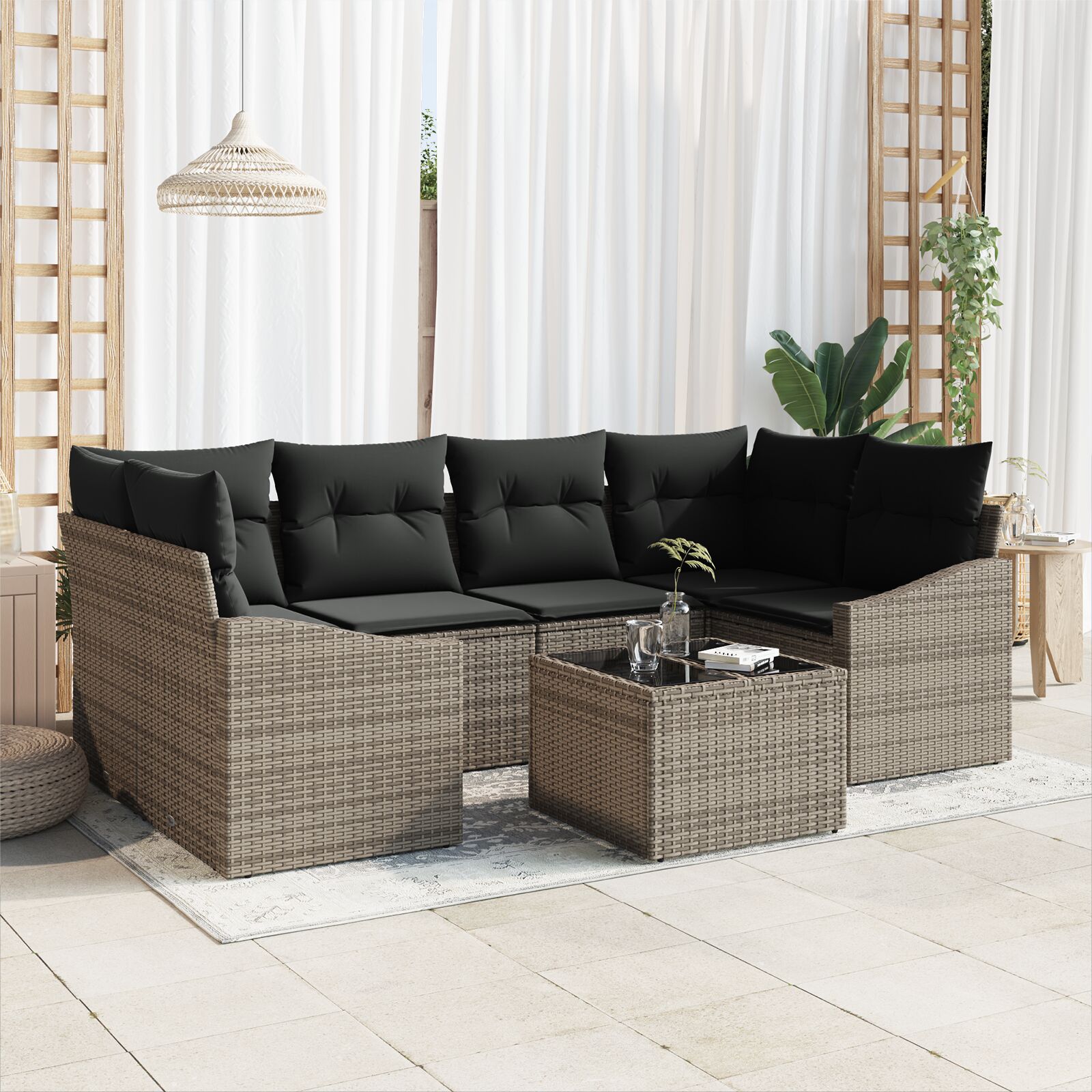 7-teiliges Garten Sofa Set mit Kissen Grau Poly Rattan 7-teiliges Garten Sofa Set mit Kissen Grau Poly Rattan