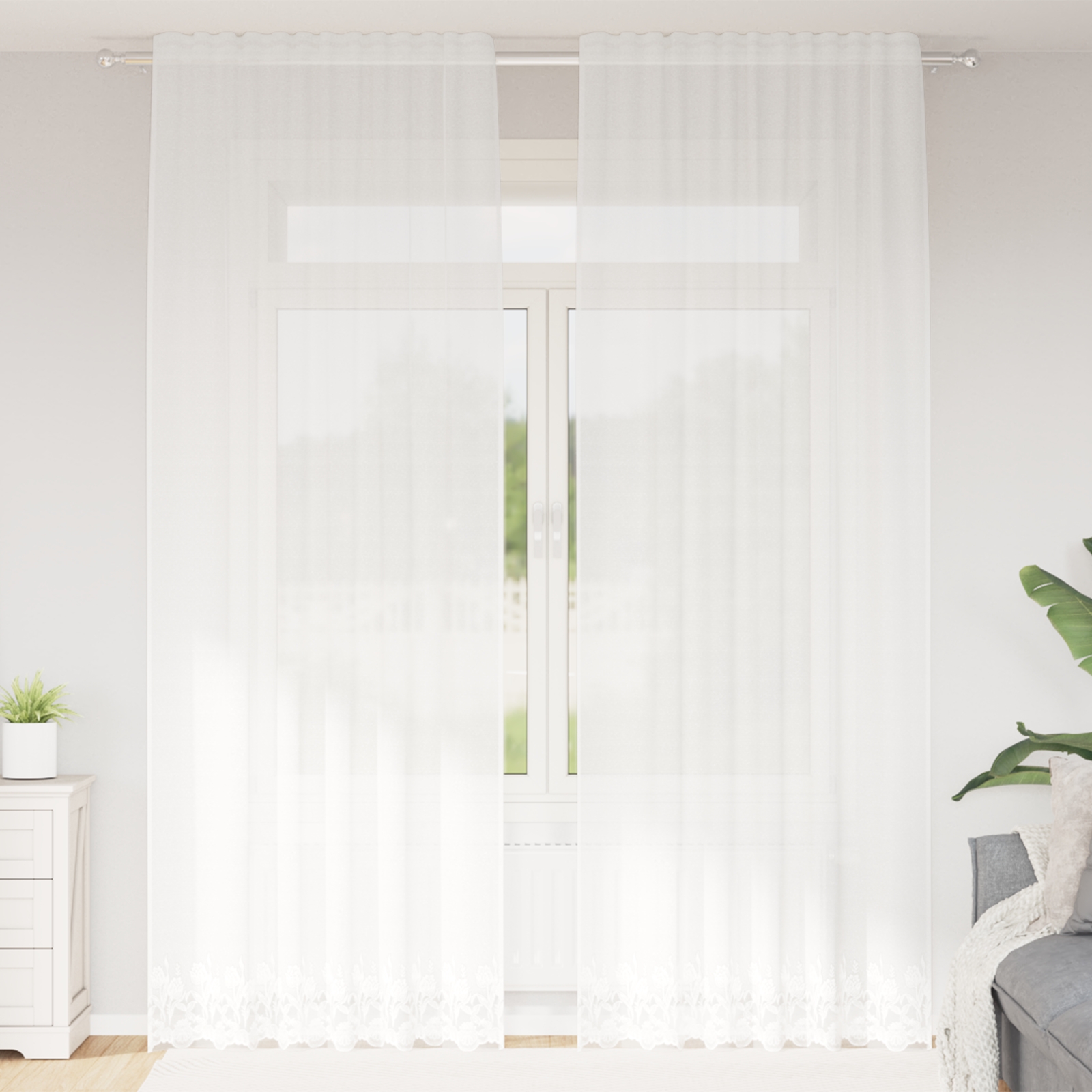 Spitzenvorhang mit Vorhängen Floral Weiß 150 x 280 cm Polyester