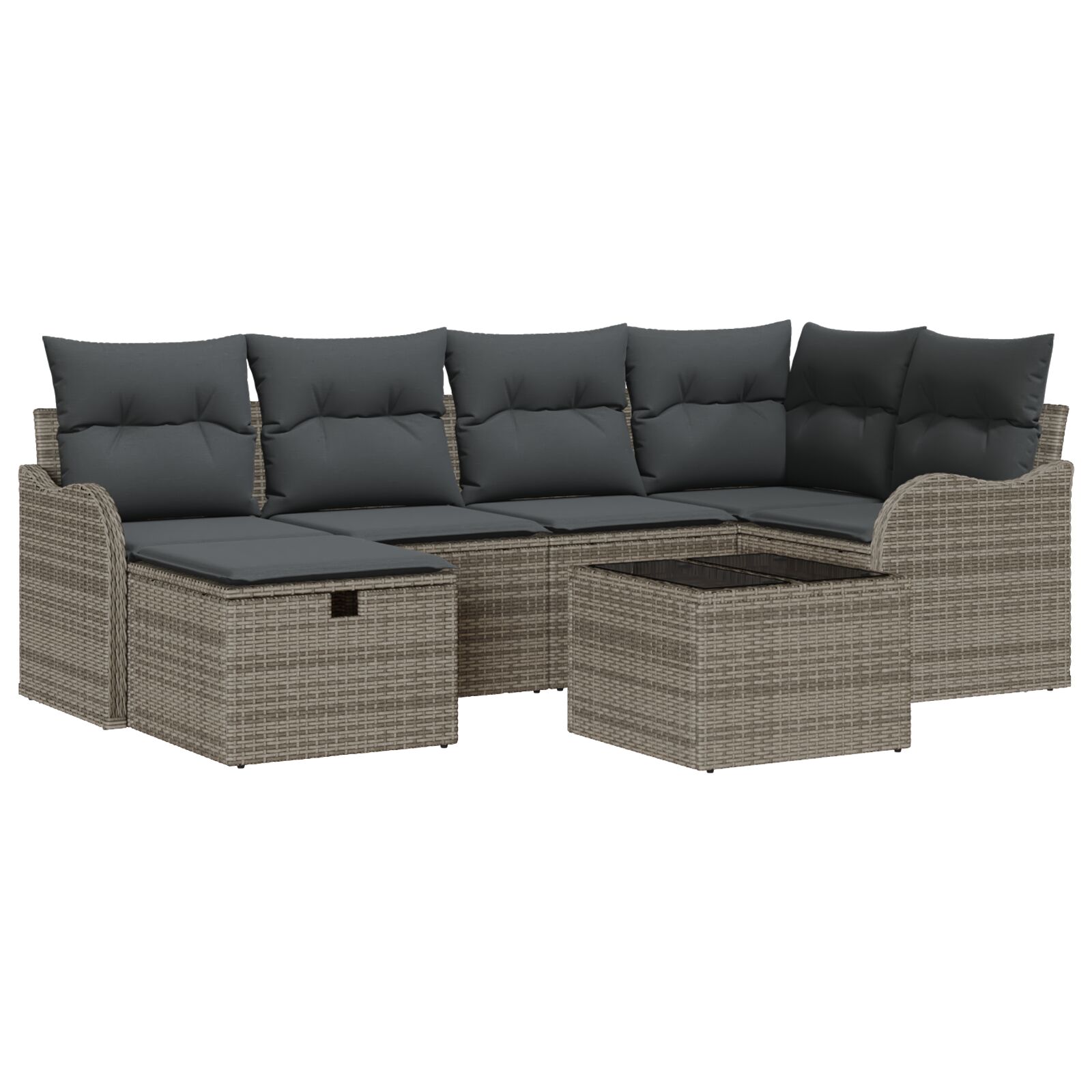 7-teiliges Garten Sofa Set mit Kissen Grau Poly Rattan, 2-Sitzer Garten Sofa mit Stauraum & Kissen Grau Poly Rattan