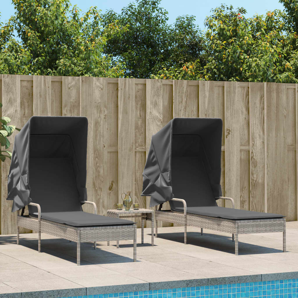Sonnenliegen 2 Stk. mit Dach und Tisch Hellgrau Poly Rattan Sonnenliegen 2 Stk. mit Dach und Tisch Hellgrau Poly Rattan