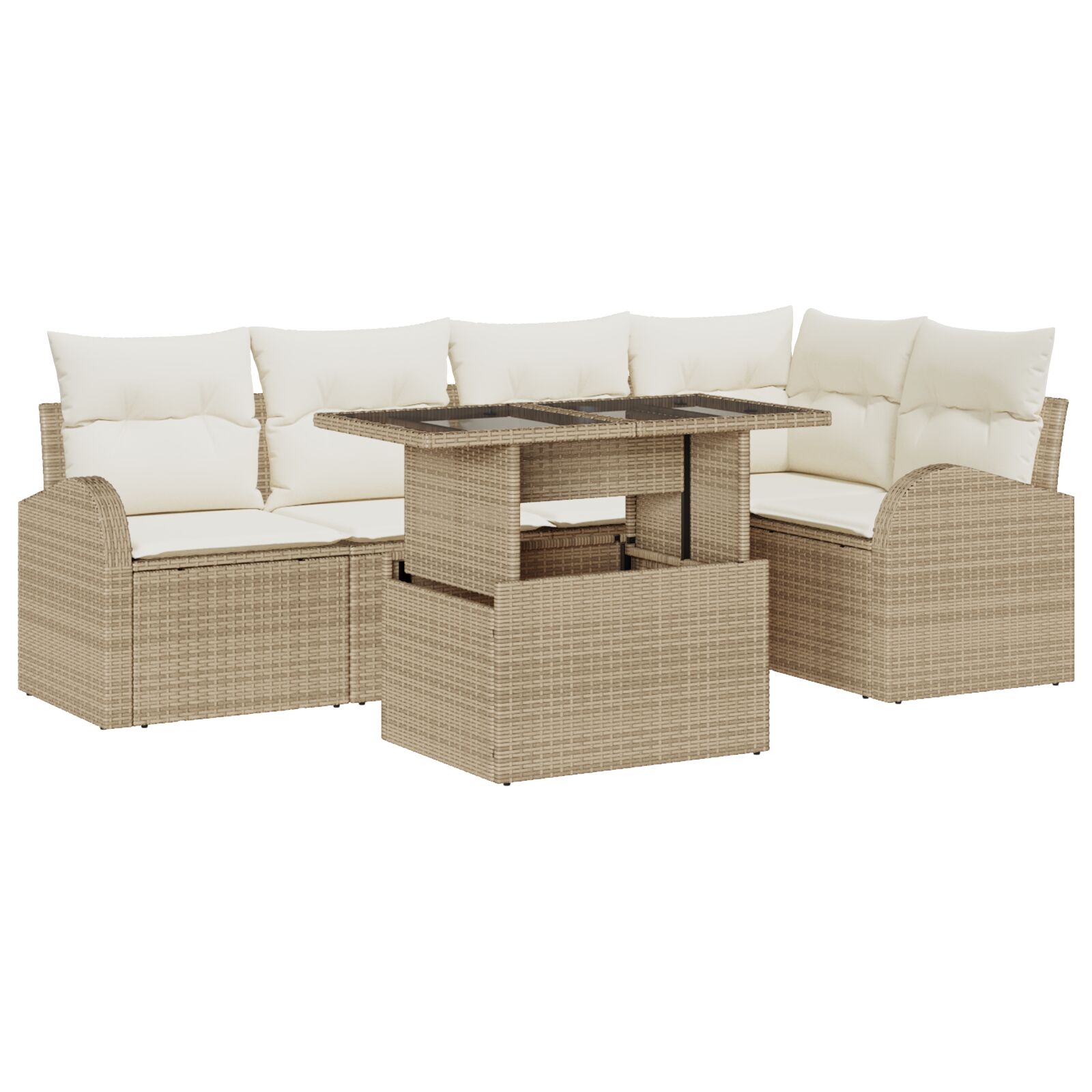 6-teiliges Garten Sofa Set mit Kissen Beige Poly Rattan, 2-Sitzer Garten Sofa mit Stauraum & Kissen Beige Poly Rattan 6-teiliges Garten Sofa Set mit Kissen Beige Poly Rattan, 2-Sitzer Garten Sofa mit Stauraum & Kissen Beige Poly Rattan