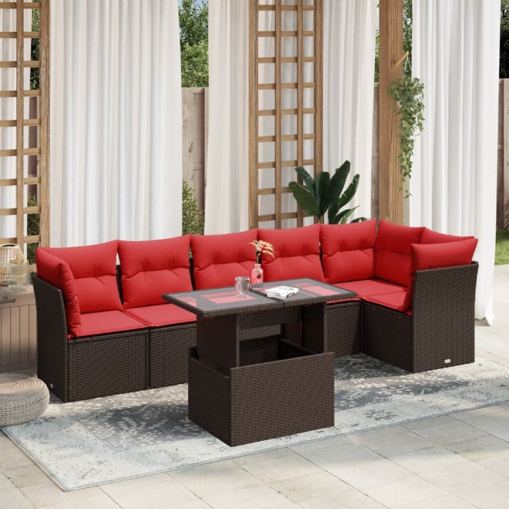 7-teiliges Gartensofa-Set mit Kissen, braun, Polyrattan 7-teiliges Gartensofa-Set mit Kissen, braun, Polyrattan