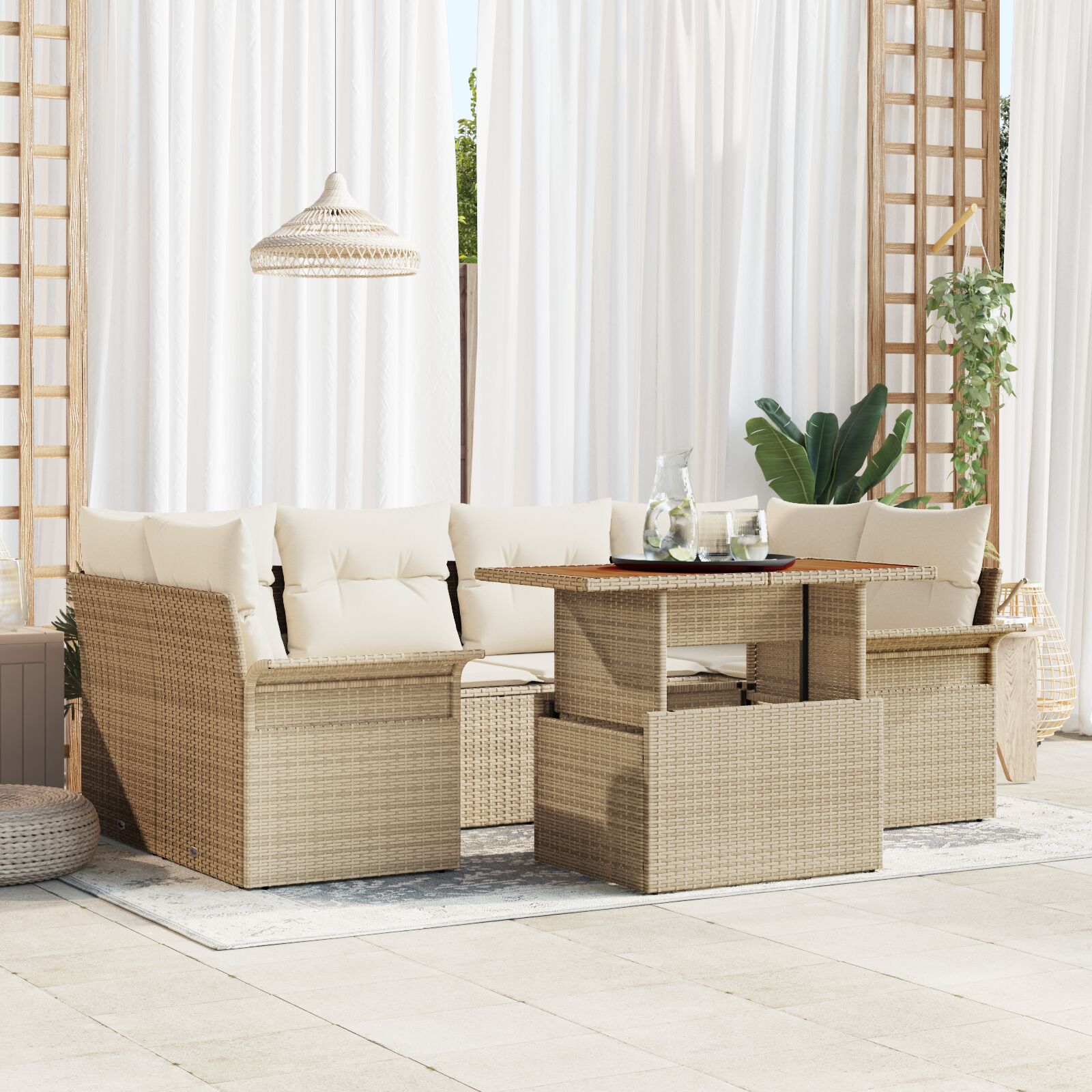 7-teiliges Garten-Sofa-Set mit Kissen Beige Poly Rattan Akazie 7-teiliges Garten-Sofa-Set mit Kissen Beige Poly Rattan Akazie