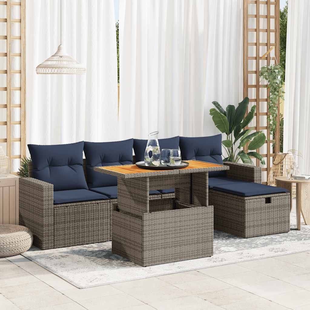 6-tlg. Garten-Sofagarnitur mit Kissen Grau Poly Rattan Akazie 6-tlg. Garten-Sofagarnitur mit Kissen Grau Poly Rattan Akazie