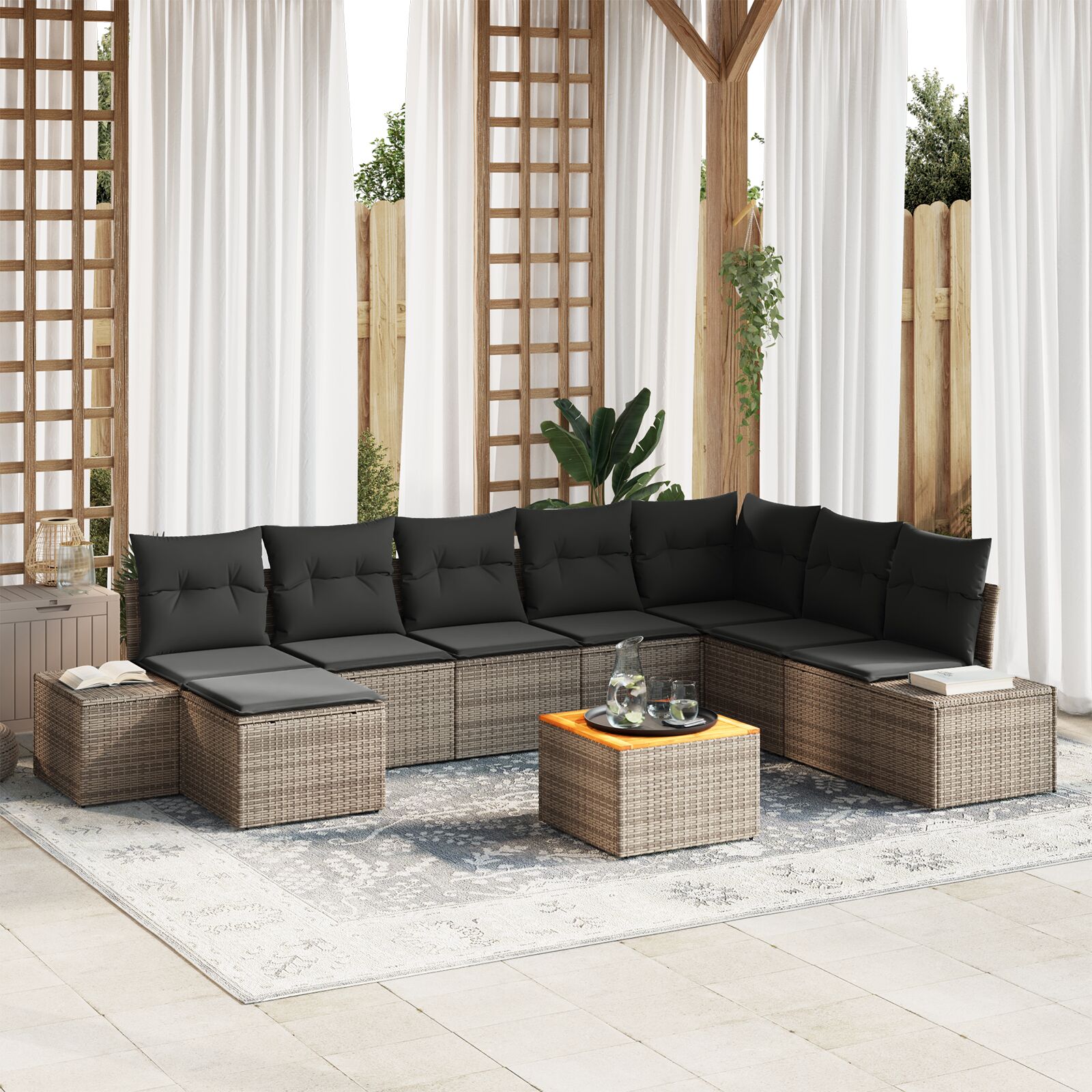9-Teiliges Garten Sofa Set mit Kissen Grau Poly-Rattan Akazie