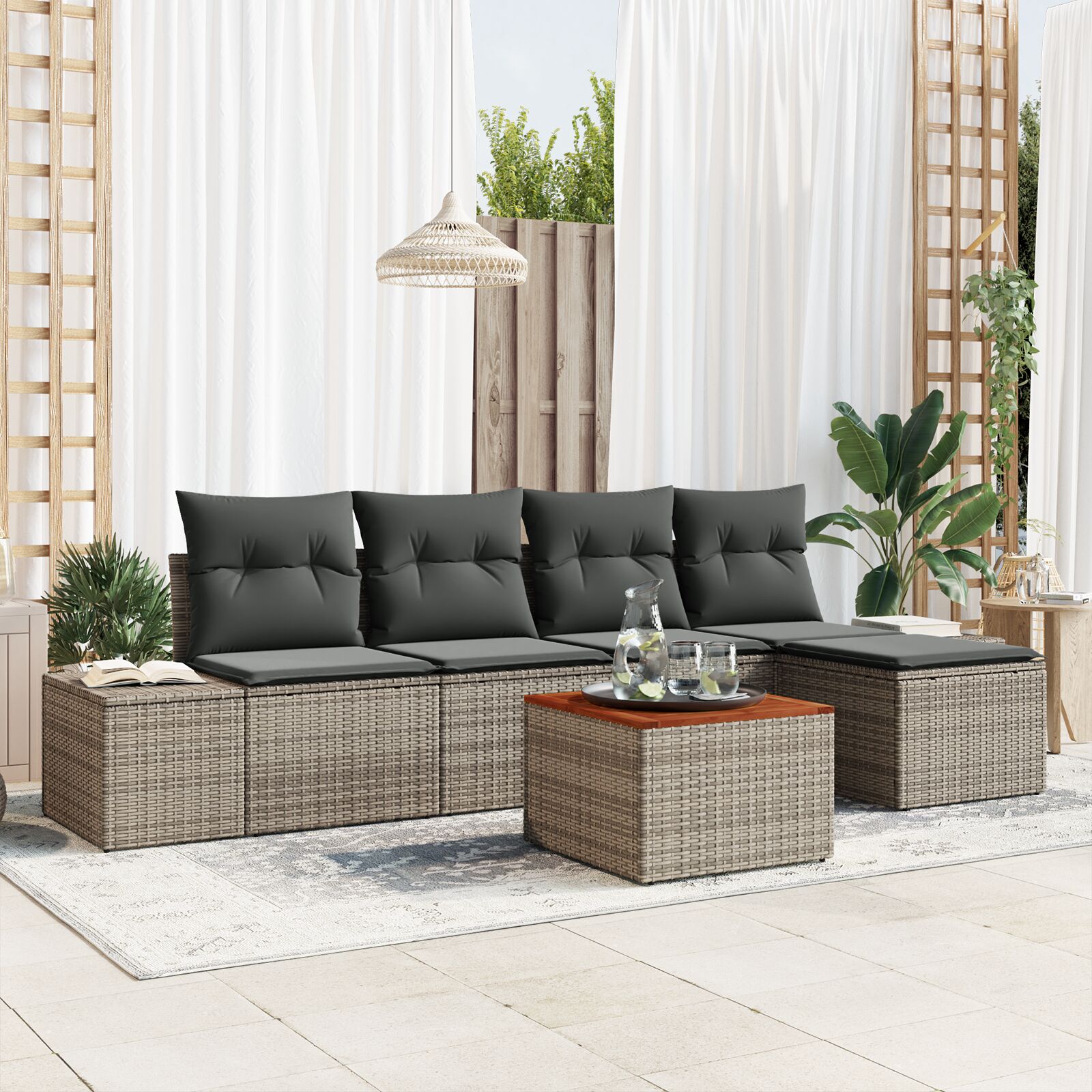 6-teiliges Garten Sofa Set mit Kissen in Grau Poly Rattan Akazie