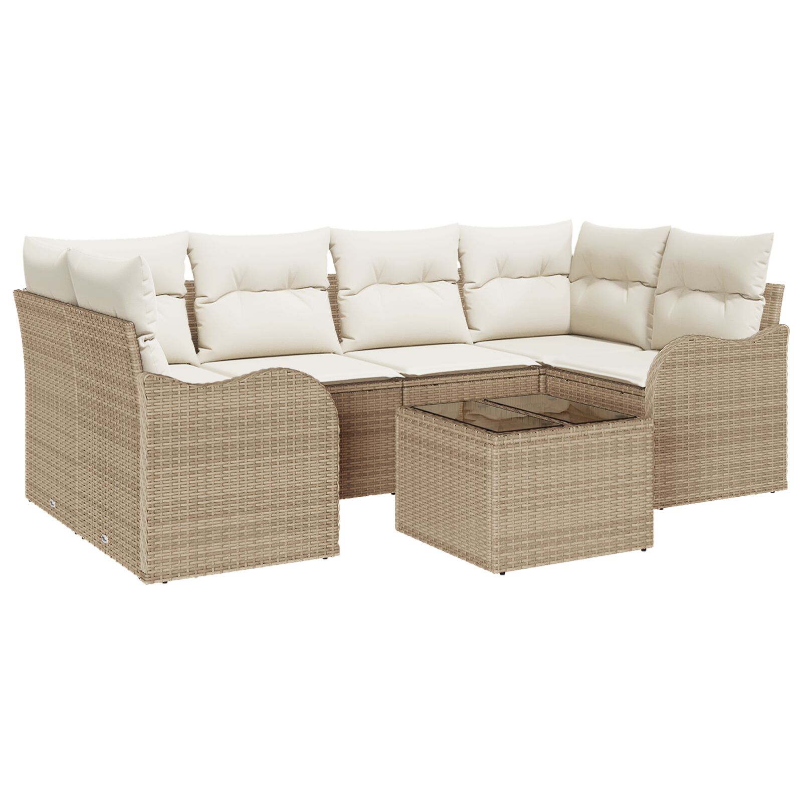 7-teiliges Garten Sofa Set mit Kissen Beige Poly Rattan, 2-Sitzer Garten Sofa mit Kissen Beige Poly Rattan