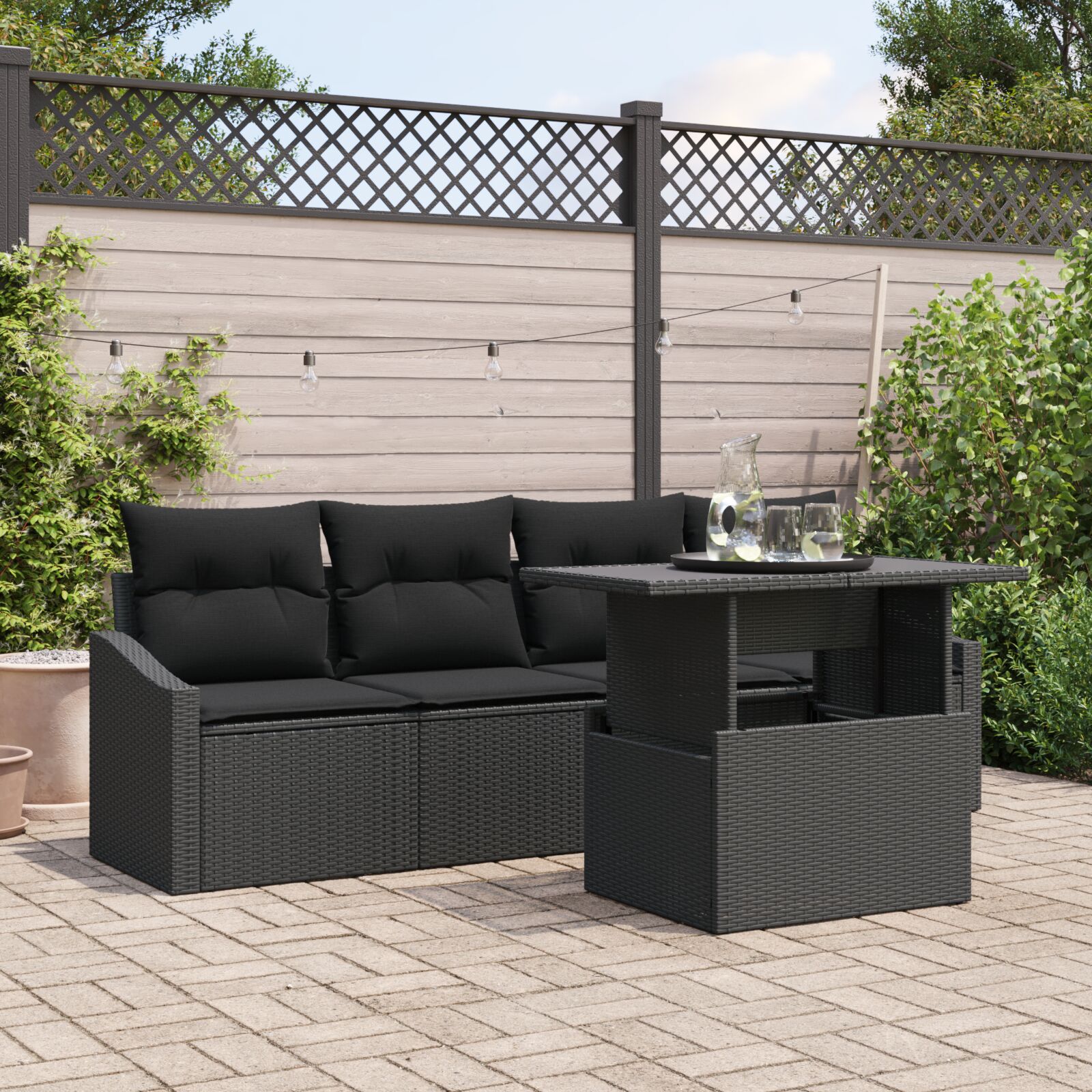 5-teilige Garten Sofa Set mit Kissen Schwarz Poly Rattan 5-teilige Garten Sofa Set mit Kissen Schwarz Poly Rattan