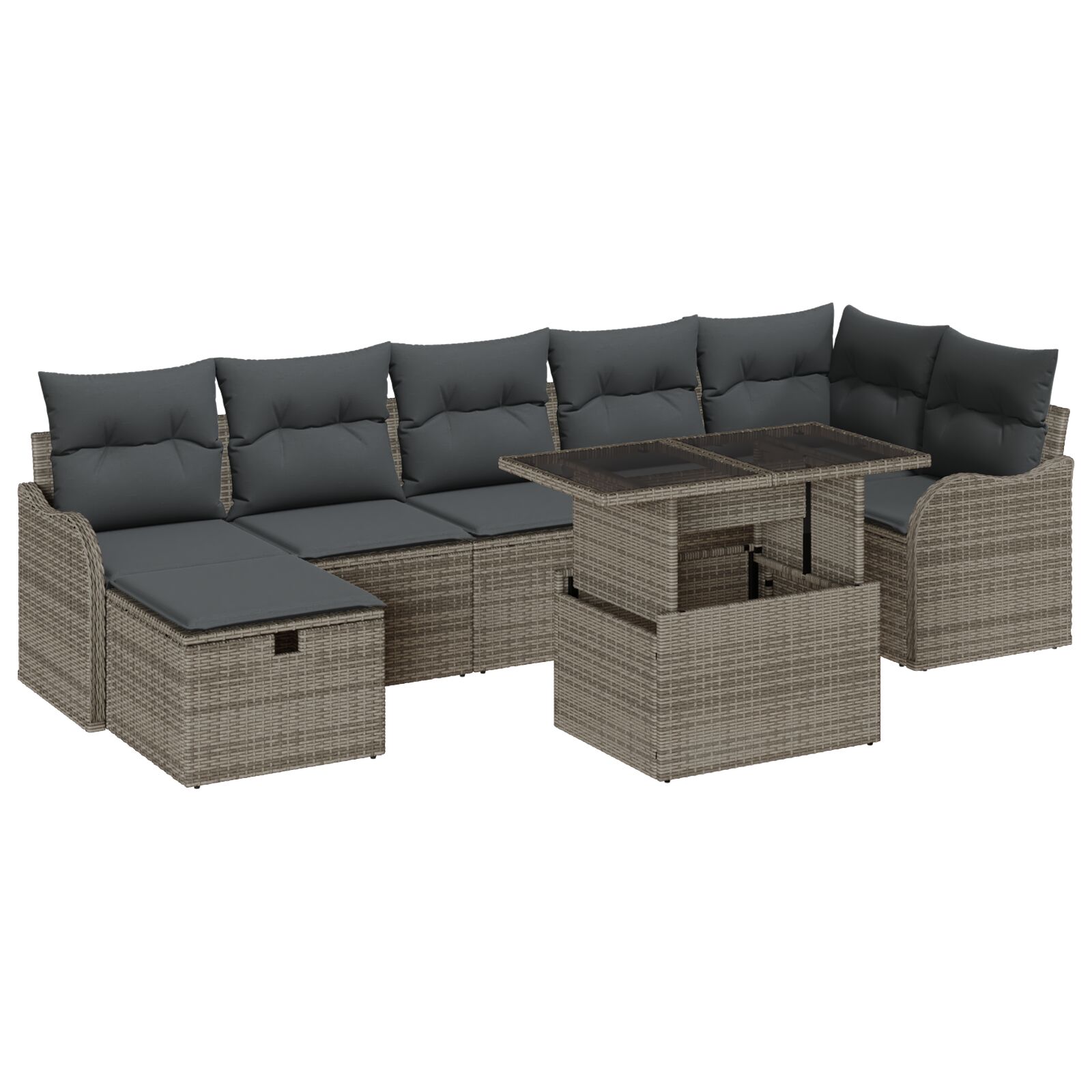 8-teiliges Garten Sofa Set mit Kissen Grau Poly Rattan, 2-Sitzer Garten Sofa mit Kissen Grau Poly Rattan