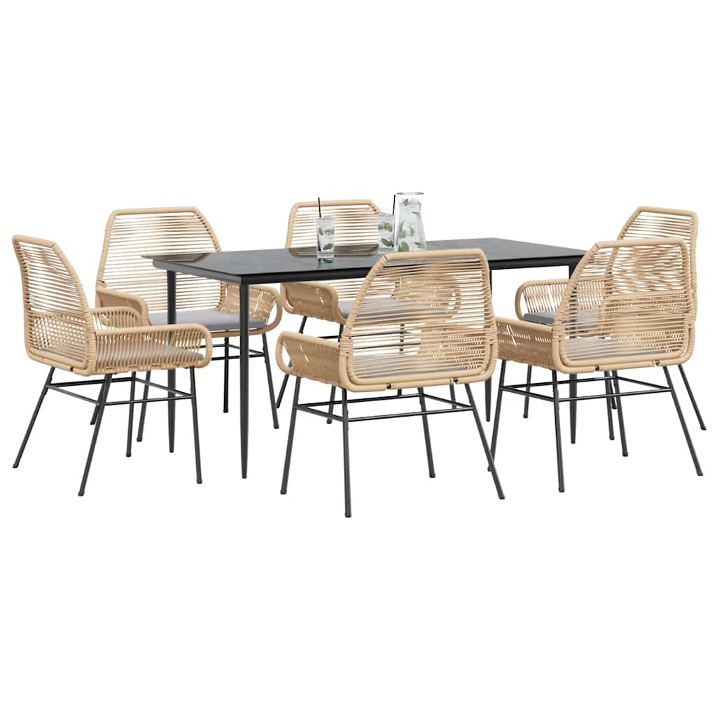 vidaXL 7-tlg. Garten-Essgruppe mit Kissen Braun Poly Rattan Glas
