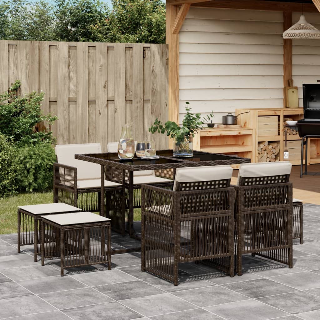 9-tlg. Garten-Essgruppe mit Kissen Braun Poly Rattan 9-tlg. Garten-Essgruppe mit Kissen Braun Poly Rattan