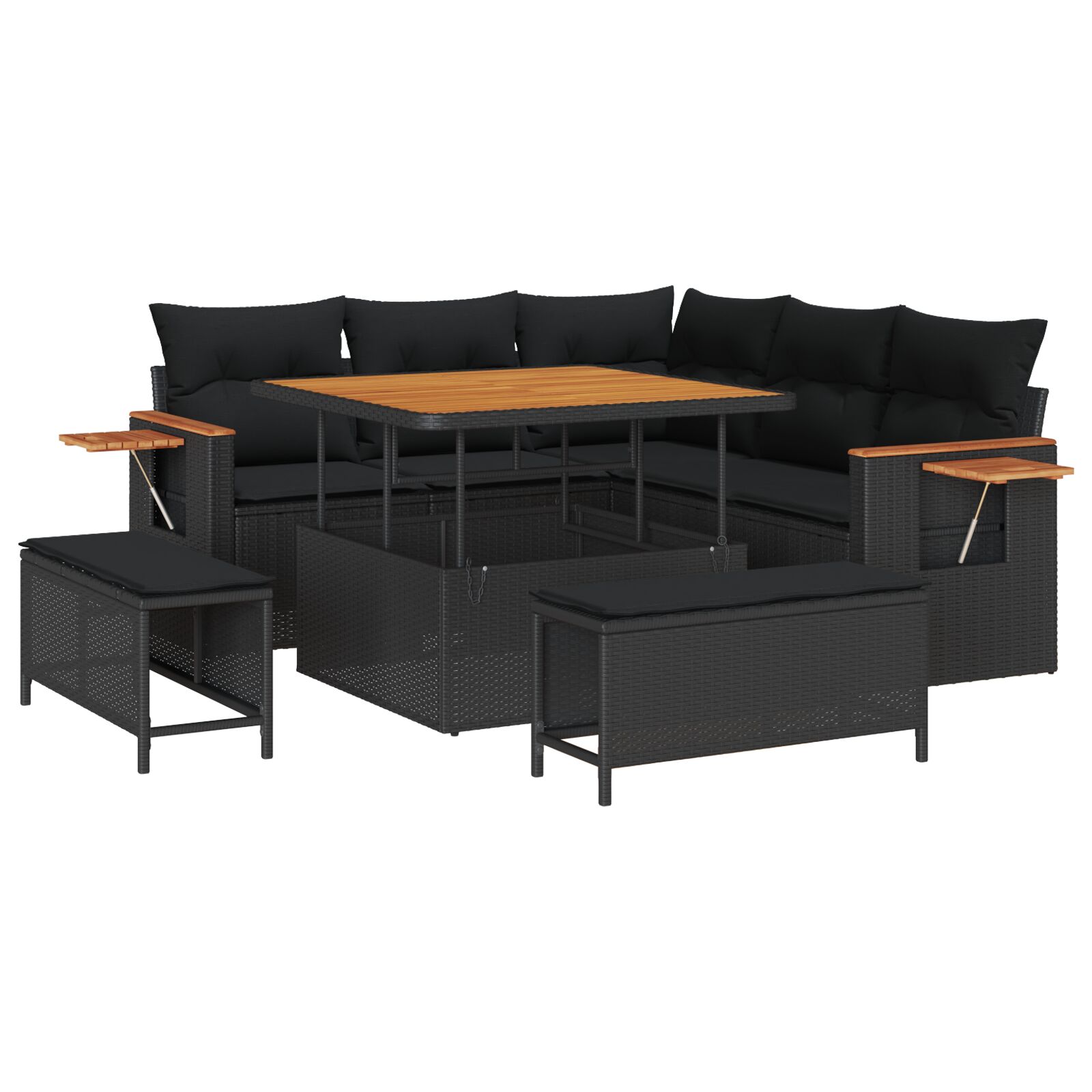 8-teiliges Garten Sofa Set mit Kissen Schwarz Poly Rattan Akazie, 3-teiliges Garten Esstisch Set mit Kissen Schwarz Poly Rattan Akazie