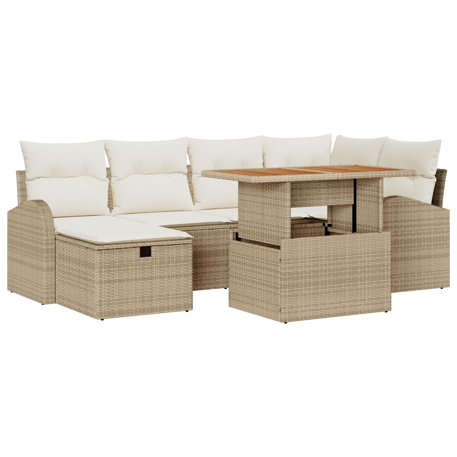 7-teiliges Garten-Sofa-Set mit Kissen in beige Poly Rattan, 2-Sitzer Garten-Sofa mit Stauraum und Kissen in beige Poly Rattan 7-teiliges Garten-Sofa-Set mit Kissen in beige Poly Rattan, 2-Sitzer Garten-Sofa mit Stauraum und Kissen in beige Poly Rattan