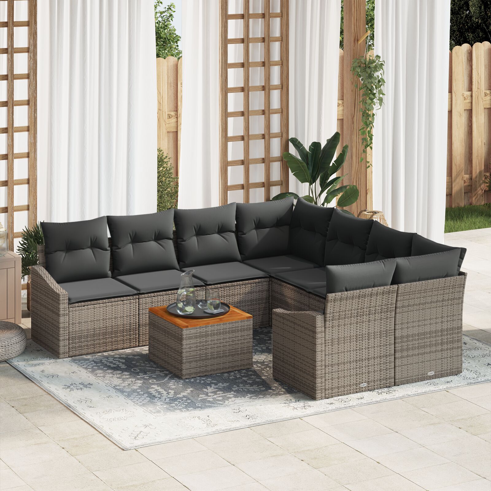 9-teiliges Garten Sofa Set mit Kissen Grau Poly Rattan Akazie 9-teiliges Garten Sofa Set mit Kissen Grau Poly Rattan Akazie