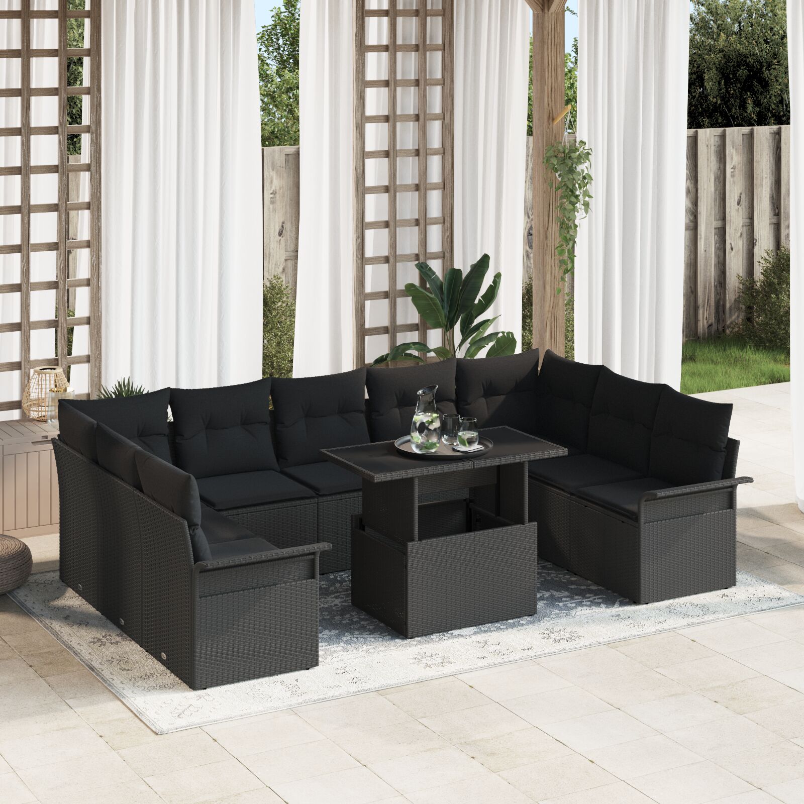 10-teiliges Garten-Sofa-Set mit Kissen Schwarz Poly-Rattan