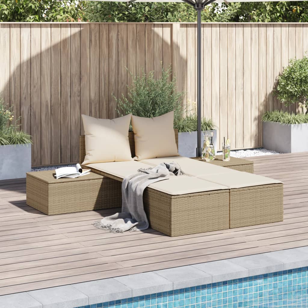 Doppel-Sonnenliege mit Auflagen Beige Poly Rattan Doppel-Sonnenliege mit Auflagen Beige Poly Rattan
