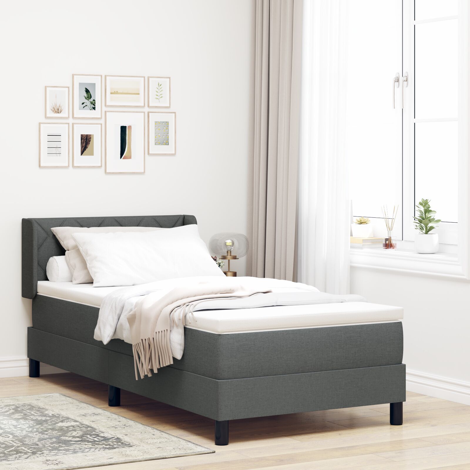 Boxspringbett mit Matratze Dunkelgrau 90x190 cm Stoff, Kopfteil Design mit Diamantblöcken Dunkelgrau 90 cm Stoff
