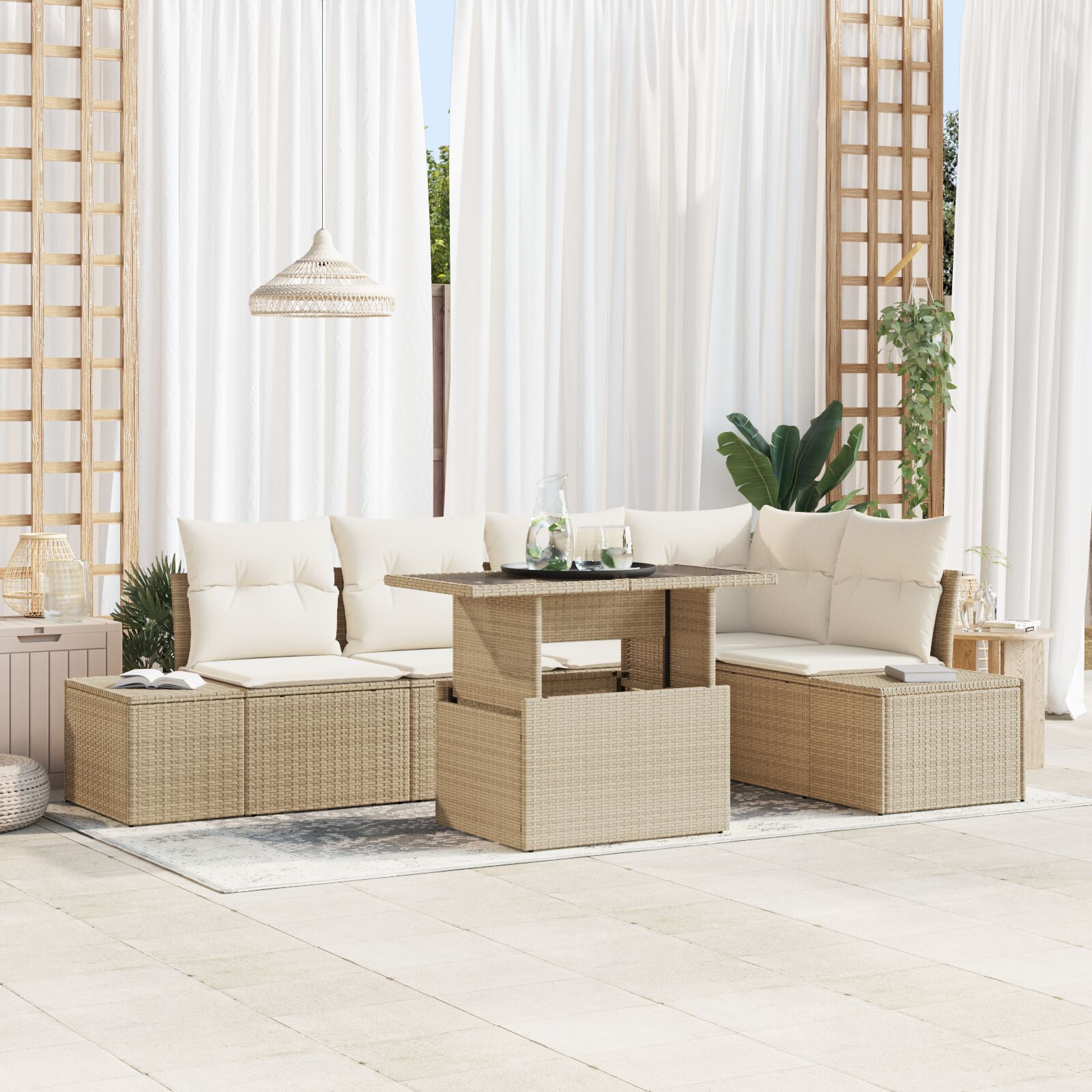 6-teiliges Garten Sofa Set mit Kissen Beige Poly Rattan 6-teiliges Garten Sofa Set mit Kissen Beige Poly Rattan