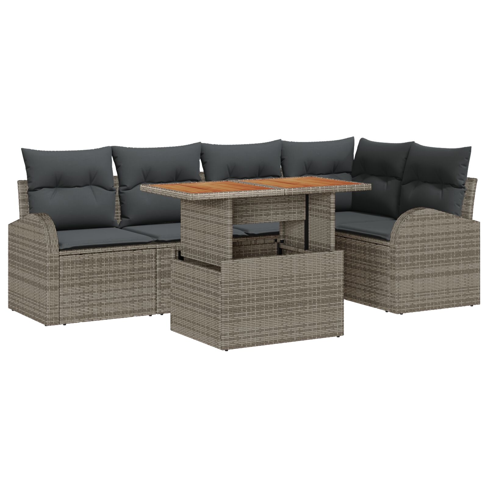 6-teilige Garten Sofa Set mit Kissen Grau Poly Rattan, 2-Sitzer Garten Sofa mit Stauraum & Kissen Grau Poly Rattan