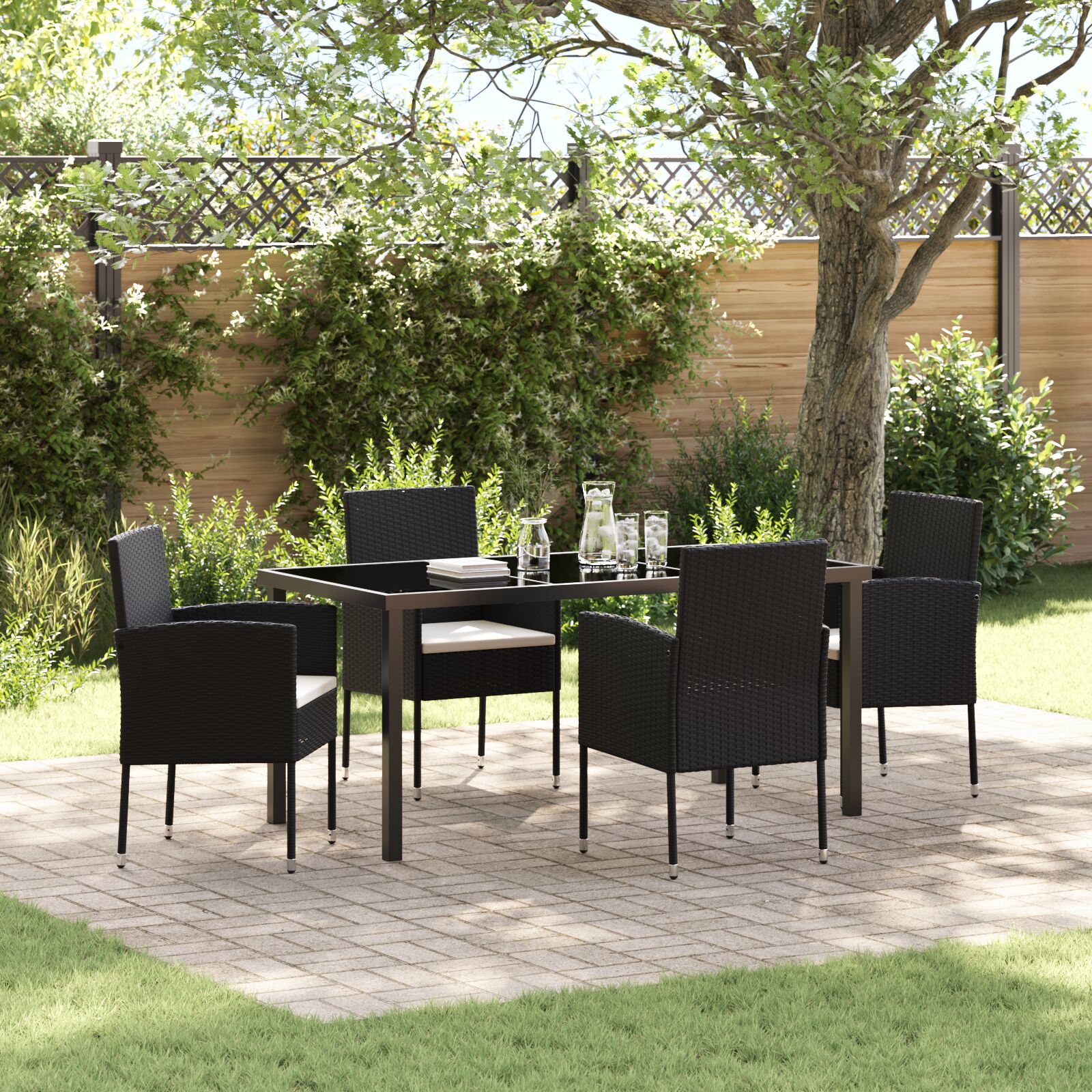5-teiliges Garten-Ess-Set mit Kissen Schwarz Poly-Rattan