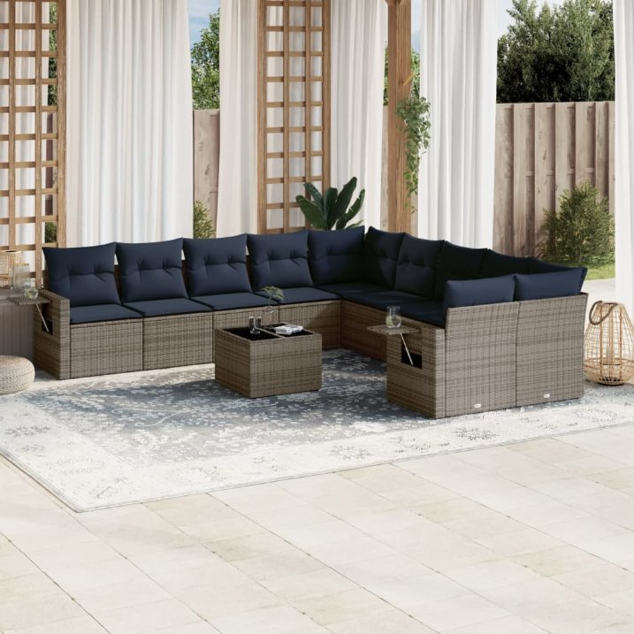 11-teiliges Gartensofa-Set mit Kissen, grau, Polyrattan 11-teiliges Gartensofa-Set mit Kissen, grau, Polyrattan