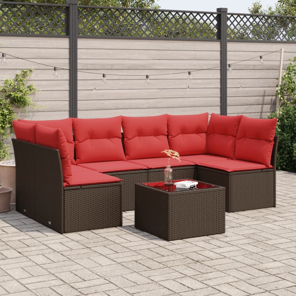 7-tlg. Garten-Sofagarnitur mit Kissen Braun Poly Rattan