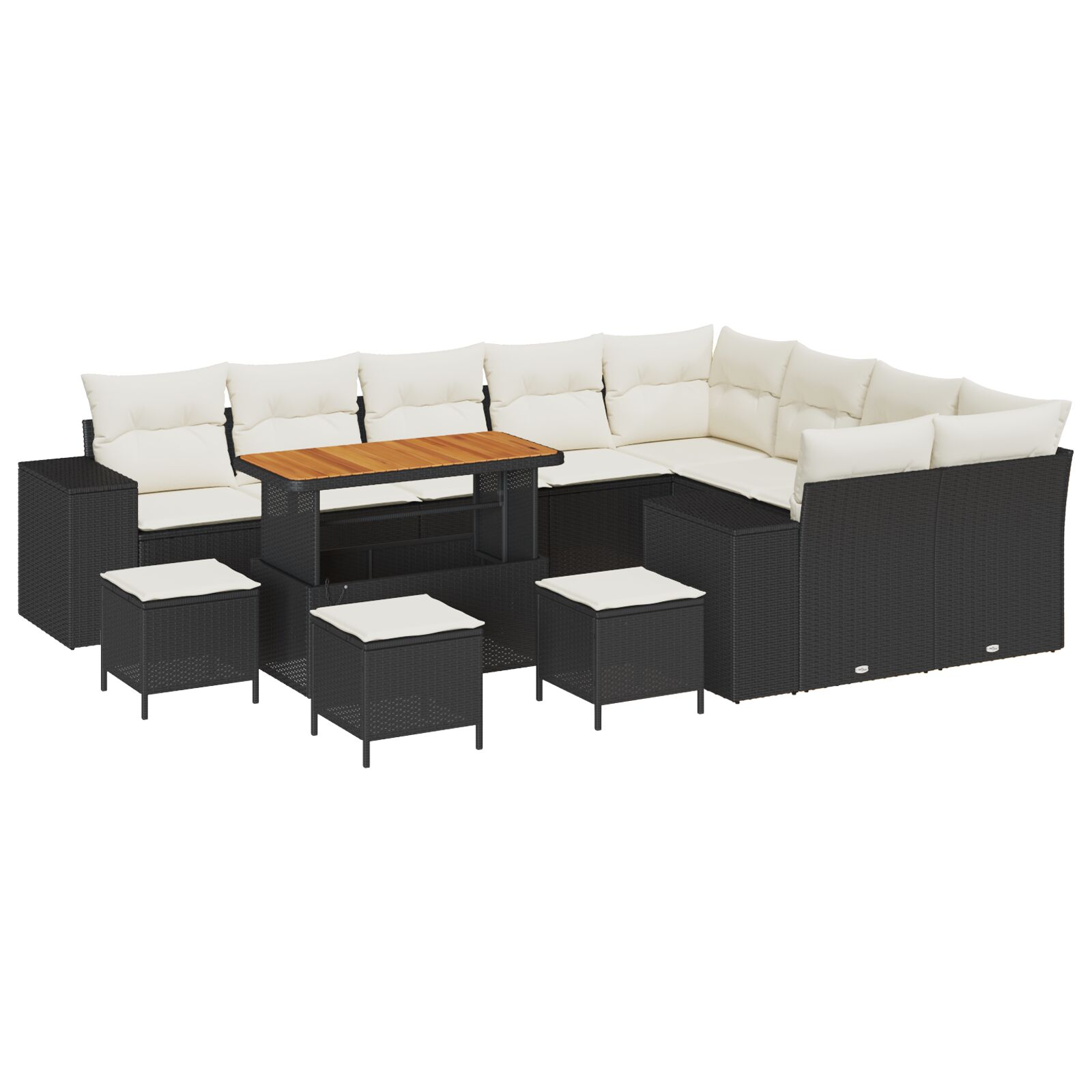 13-teiliges Garten Sofa Set mit Kissen Schwarz Poly Rattan Akazie, 4-teiliges Garten Esszimmer Set mit Kissen Schwarz Poly Rattan Akazie