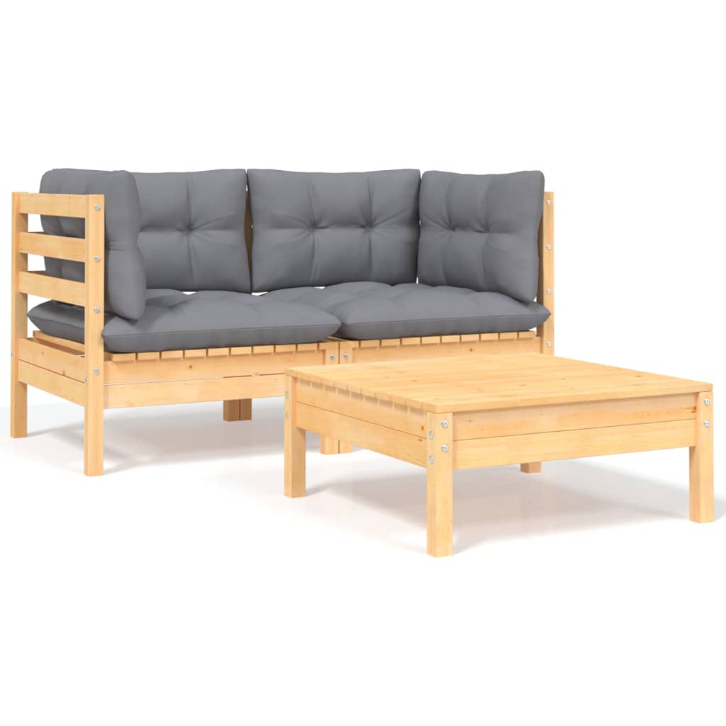 3-tlg. Garten-Lounge-Set mit Grauen Kissen Kiefer Massivholz 3-tlg. Garten-Lounge-Set mit Grauen Kissen Kiefer Massivholz