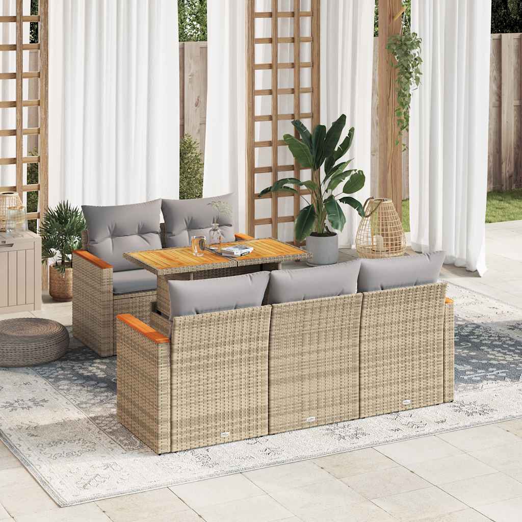 6-tlg. Garten-Sofagarnitur mit Kissen Beige Poly Rattan Akazie
