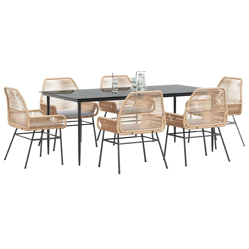 vidaXL 7-tlg. Garten-Essgruppe mit Kissen Braun Poly Rattan Glas