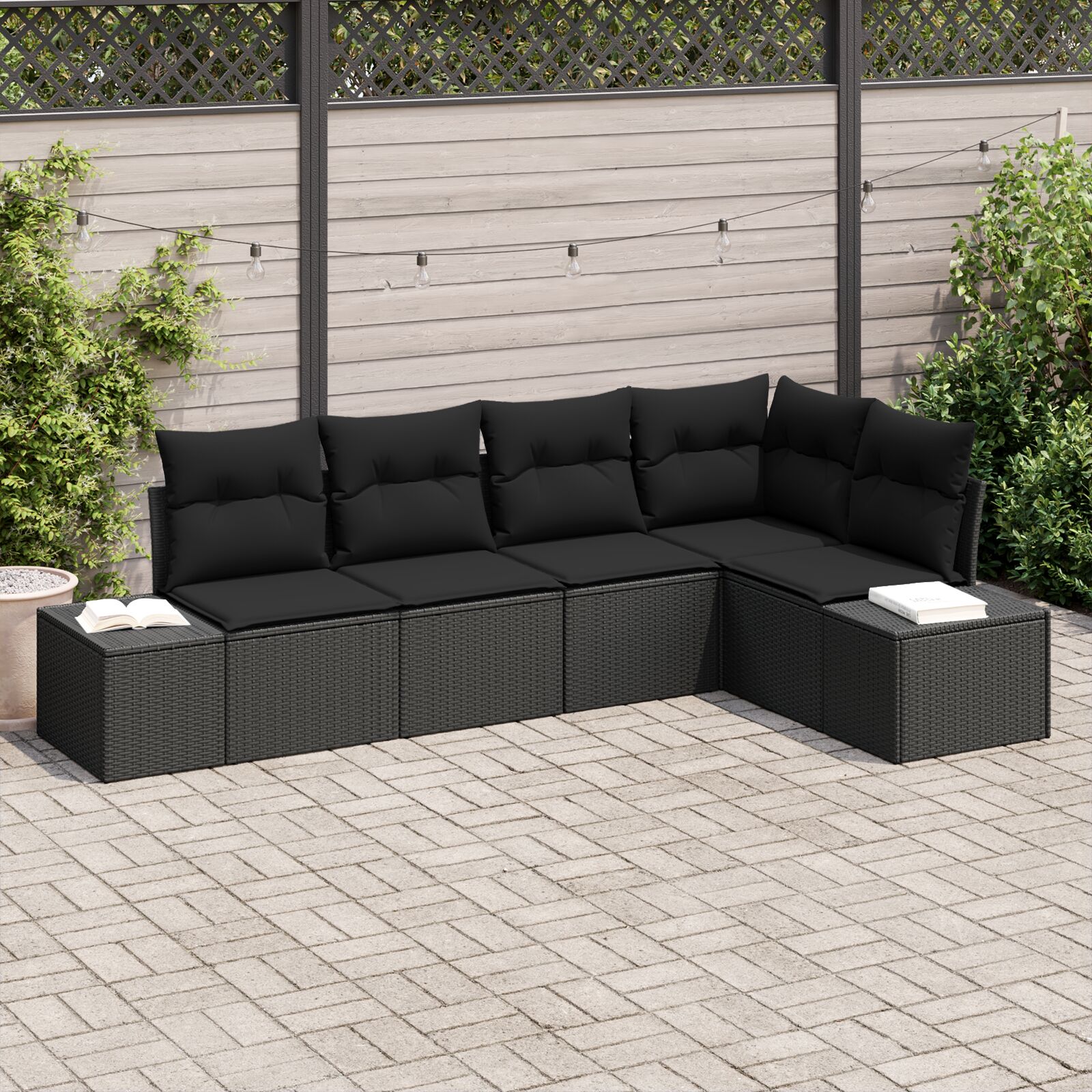 5-teiliges Garten Sofa Set mit Kissen Schwarz Poly Rattan 5-teiliges Garten Sofa Set mit Kissen Schwarz Poly Rattan