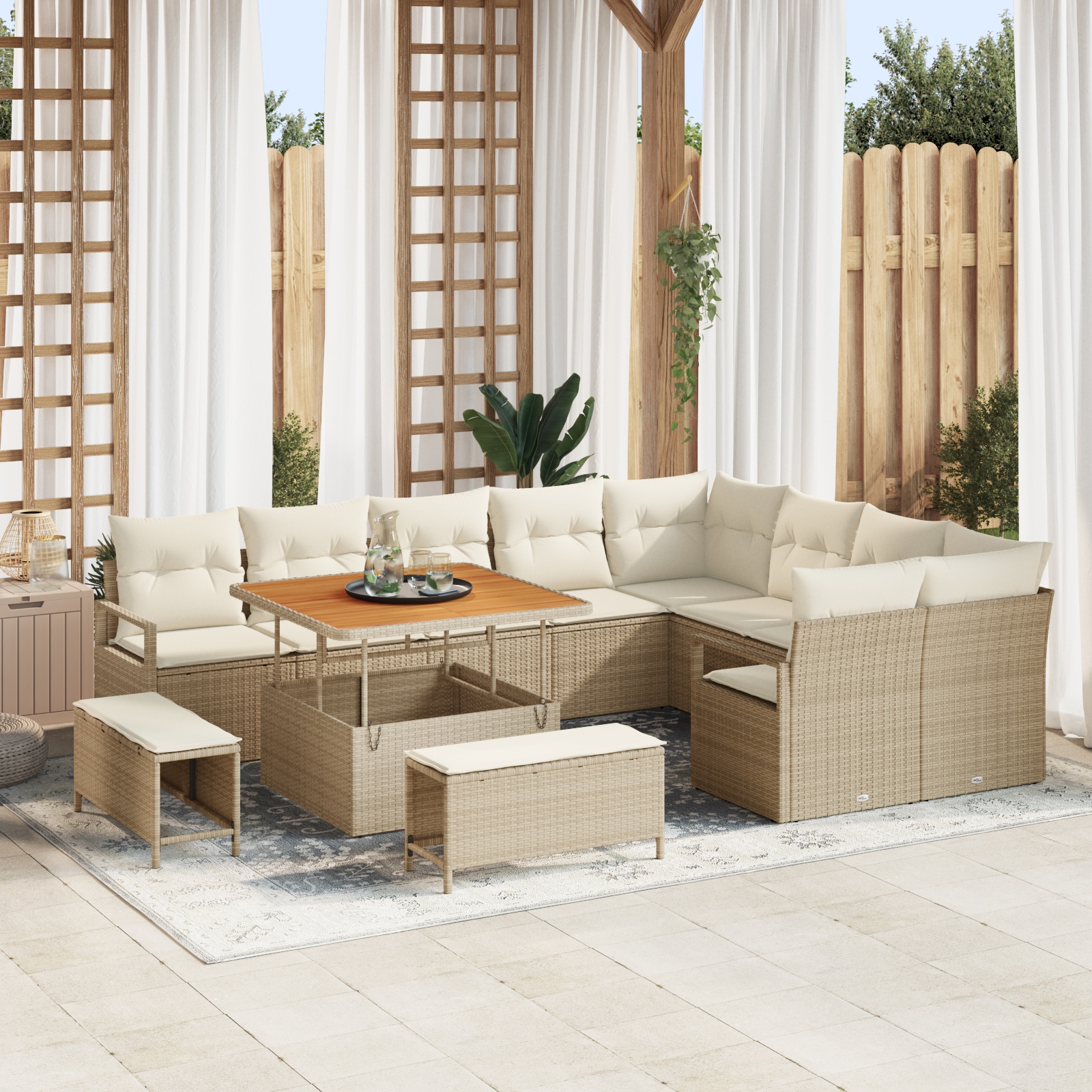 12-teiliges Garten Sofa Set mit Kissen Beige Poly Rattan Akazie 12-teiliges Garten Sofa Set mit Kissen Beige Poly Rattan Akazie